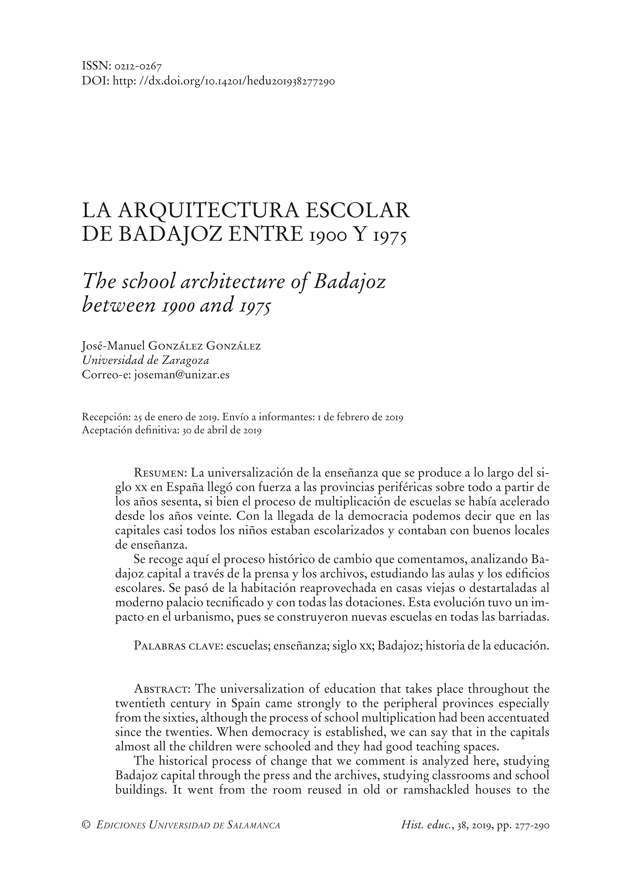 La arquitectura escolar de Badajoz entre 1900 y 1975