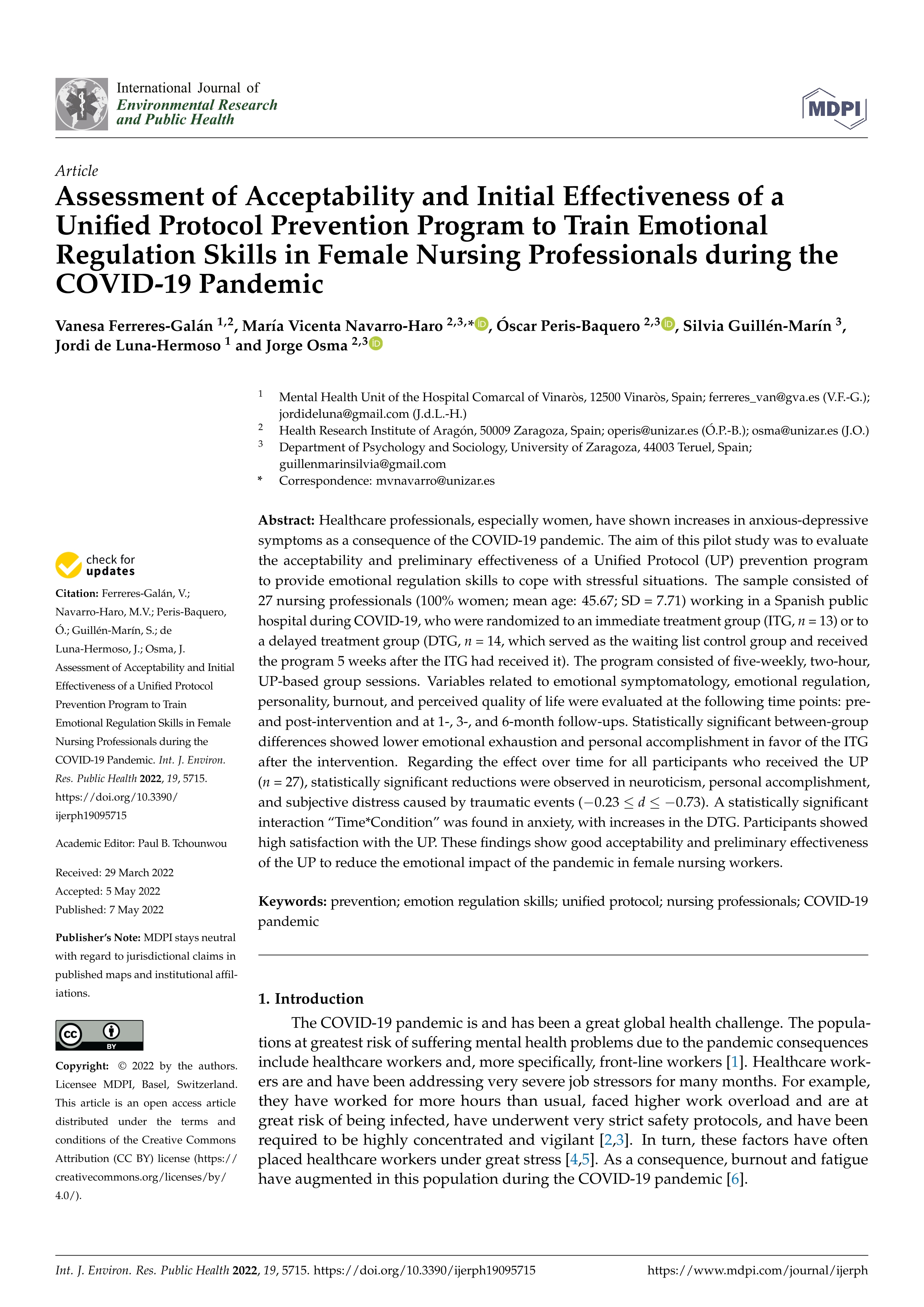 Assessment of Acceptability and Initial Effectiveness of a Unified Protocol Prevention Program to Train Emotional Regulation Skills in Female Nursing Professionals during the COVID-19 Pandemic