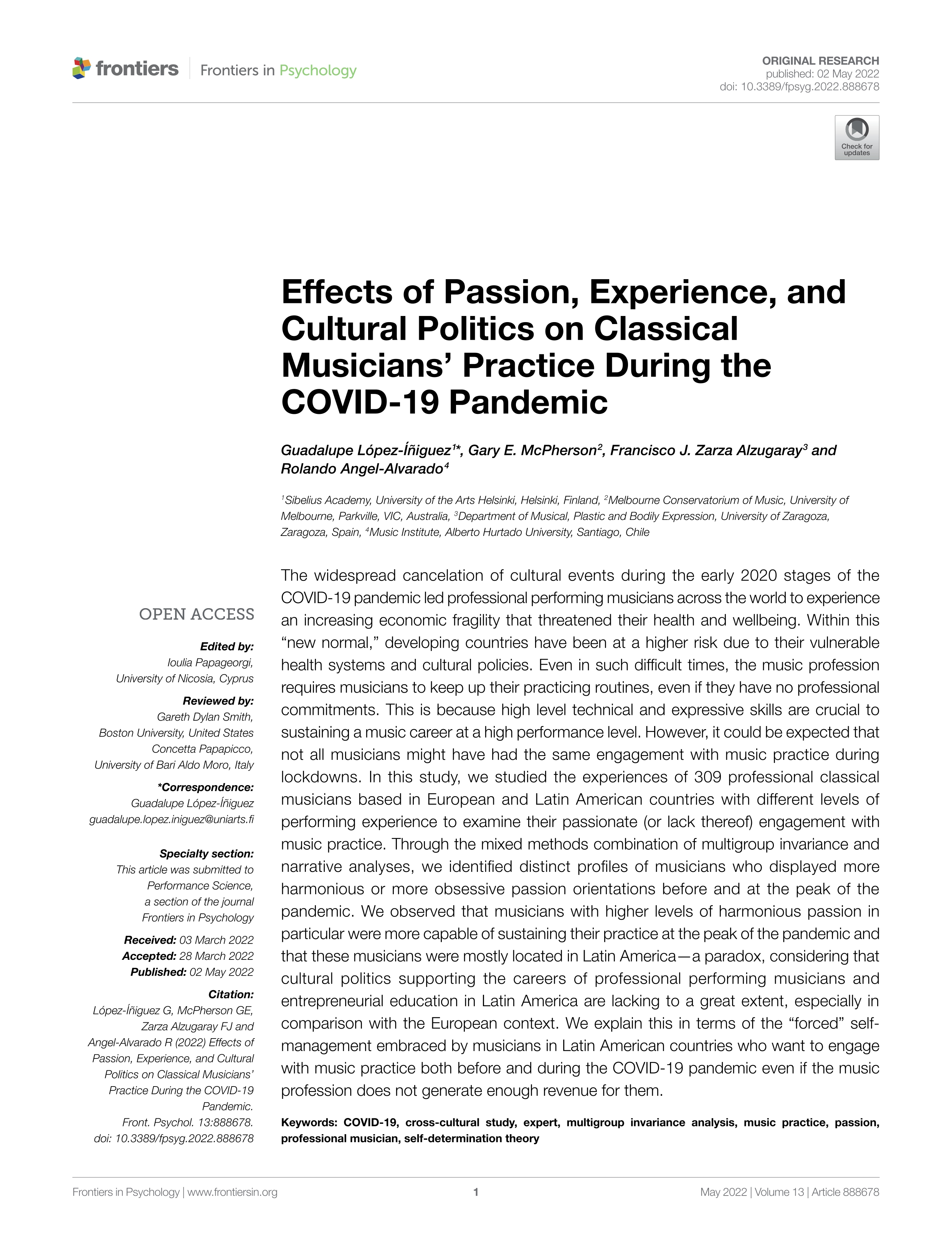 Effects of passion, experience, and cultural politics on classical musicians’ practice during the COVID-19 pandemic
