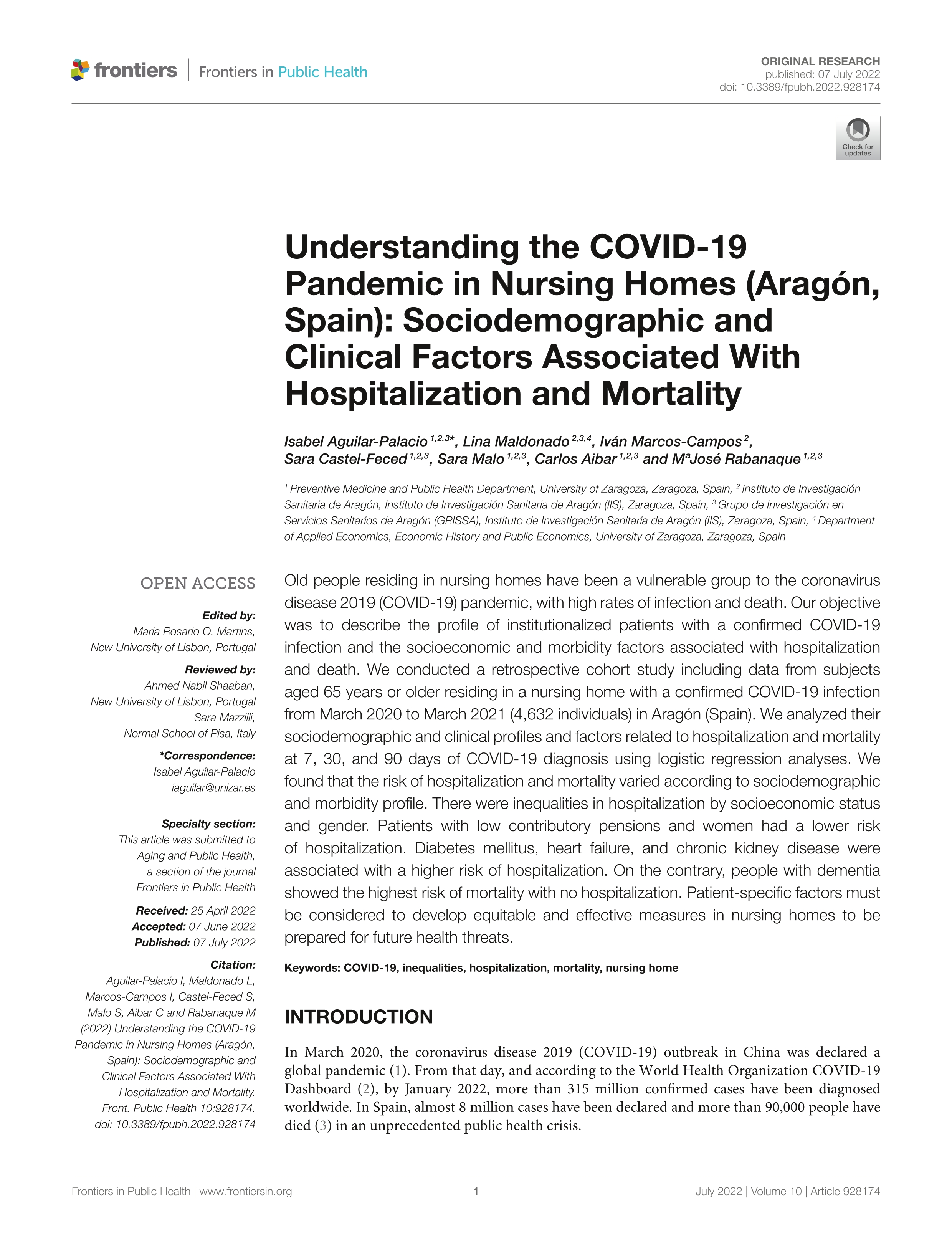Understanding the COVID-19 pandemic in nursing homes (Aragón, Spain): sociodemographic and clinical factors associated with hospitalization and mortality