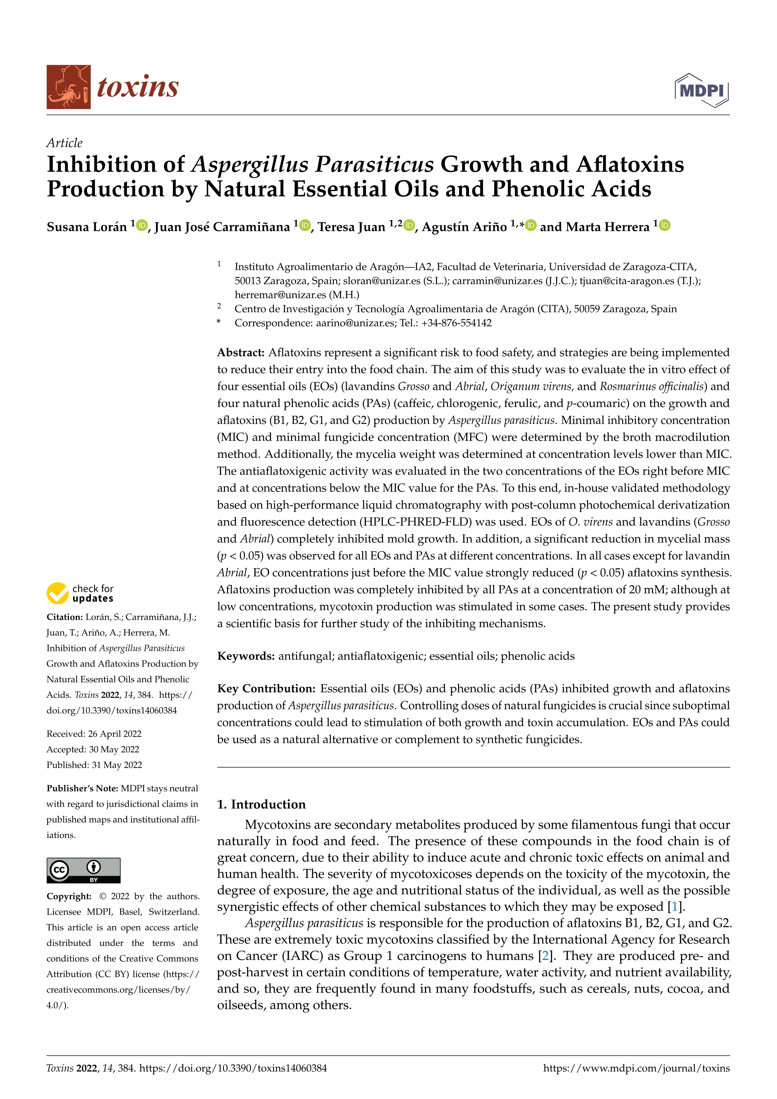 Inhibition of Aspergillus parasiticus growth and aflatoxins production by natural essential oils and phenolic acids