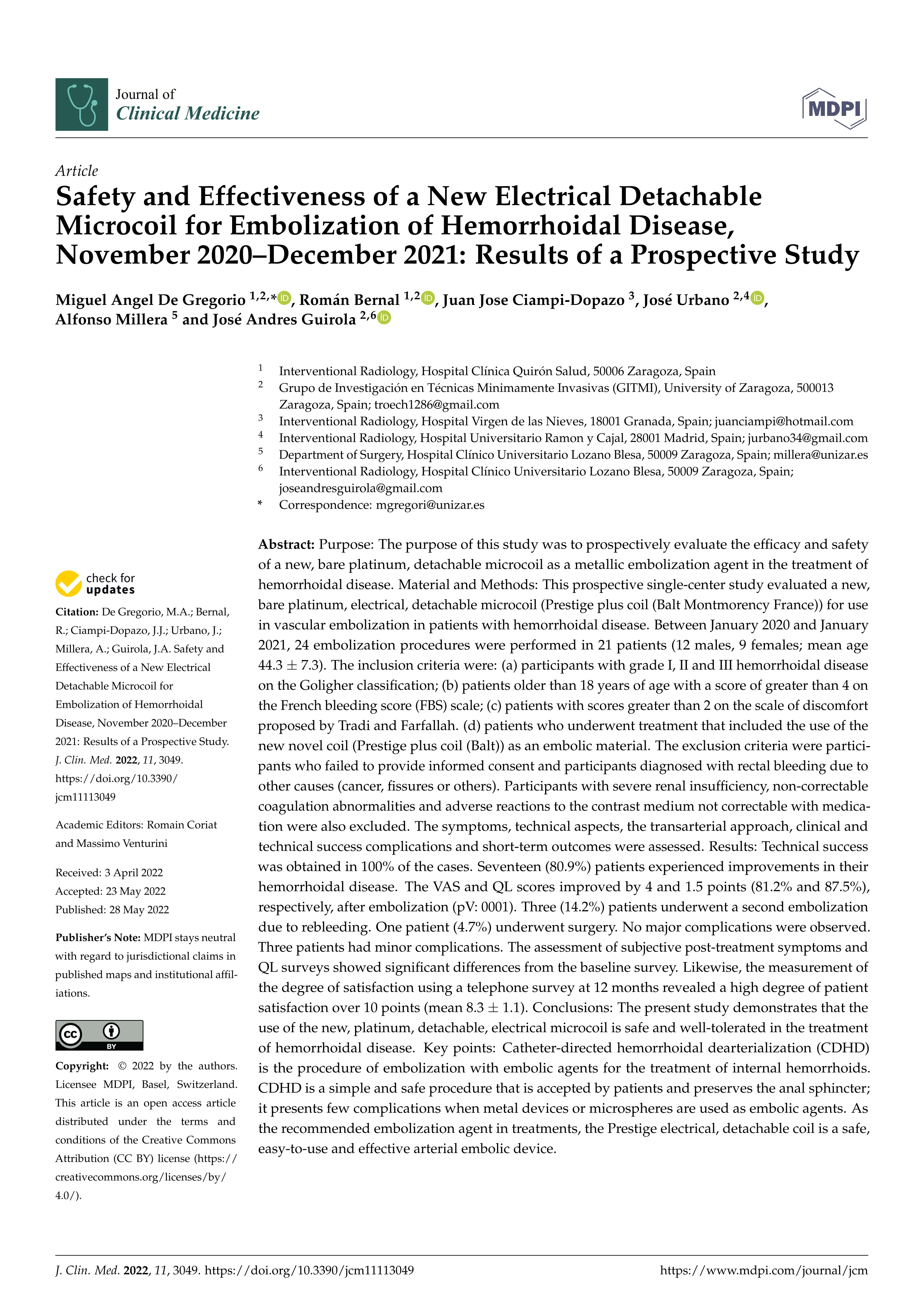 Safety and effectiveness of a new electrical detachable microcoil for embolization of hemorrhoidal disease, November 2020–December 2021: results of a prospective study