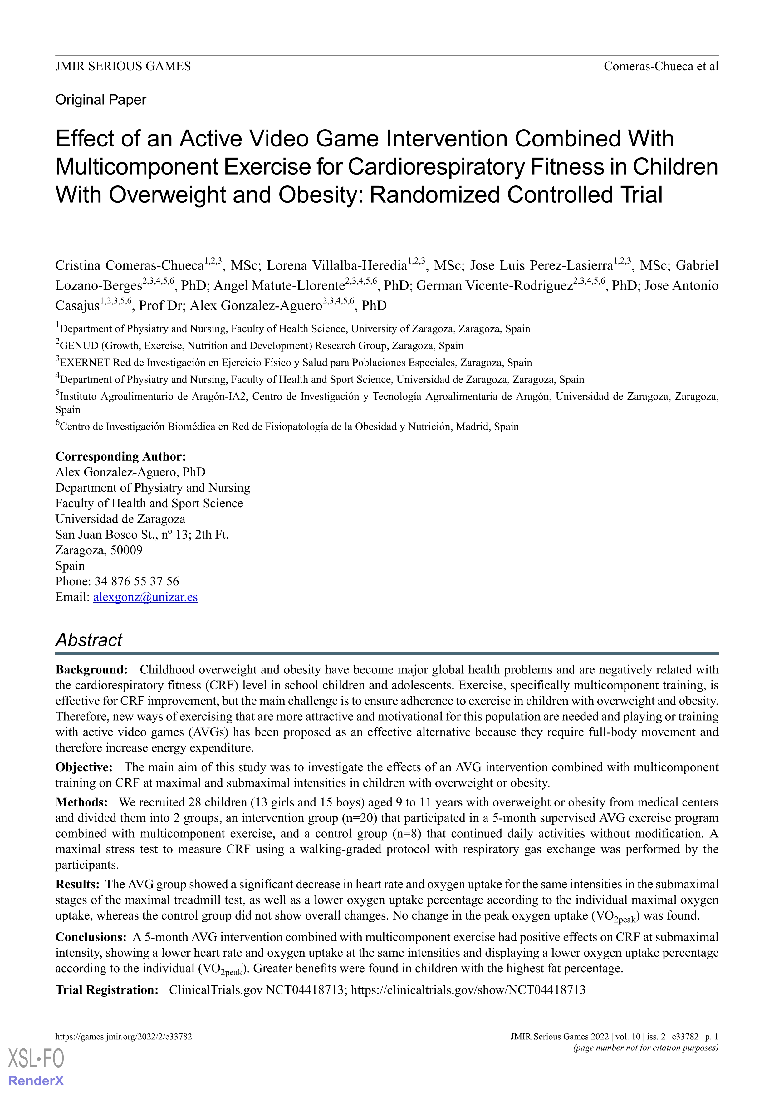 Effect of an active video game intervention combined with multicomponent exercise for cardiorespiratory fitness in children with overweight and obesity: randomized controlled trial