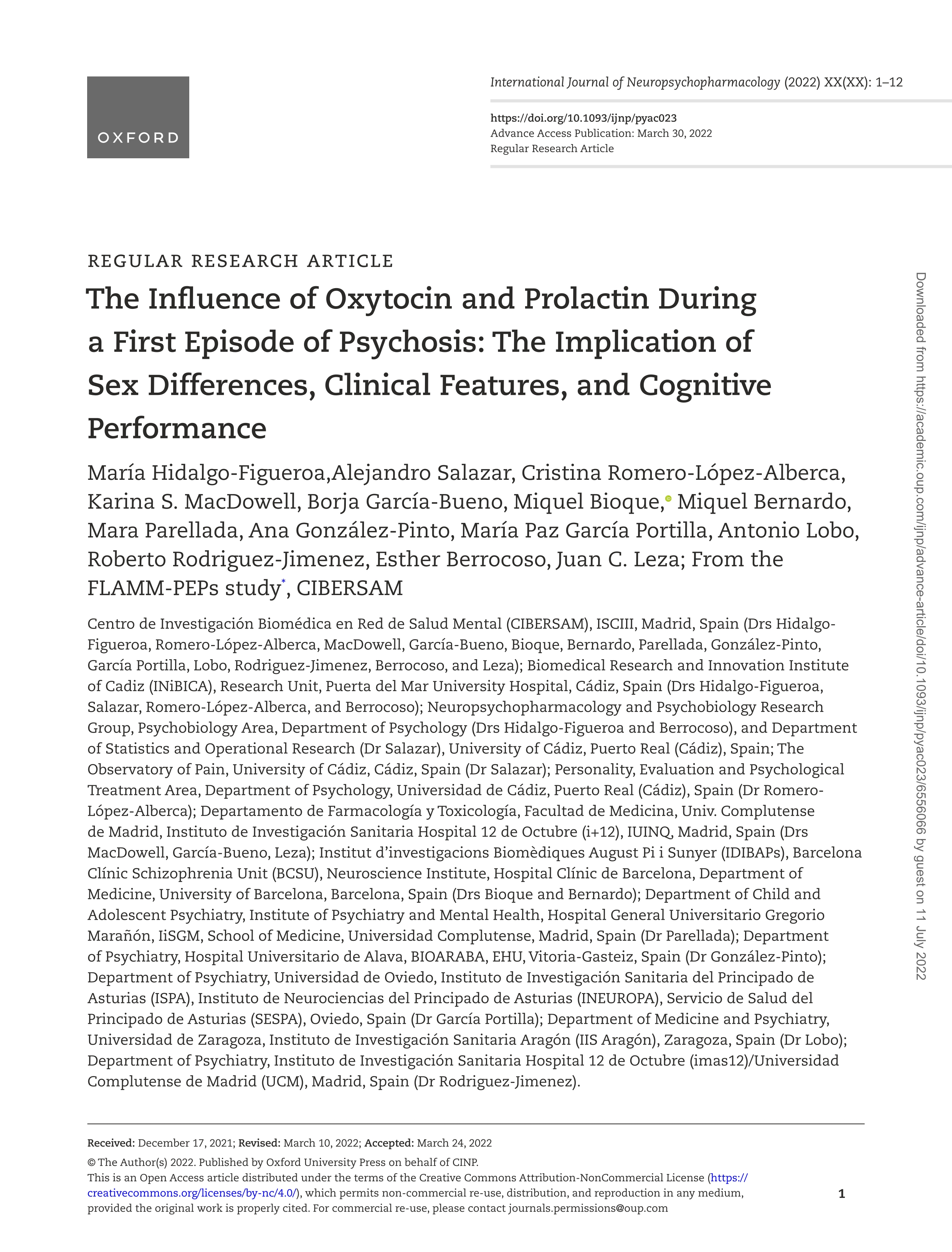 The Influence of Oxytocin and Prolactin During a First Episode of Psychosis: The Implication of Sex Differences, Clinical Features, and Cognitive Performance