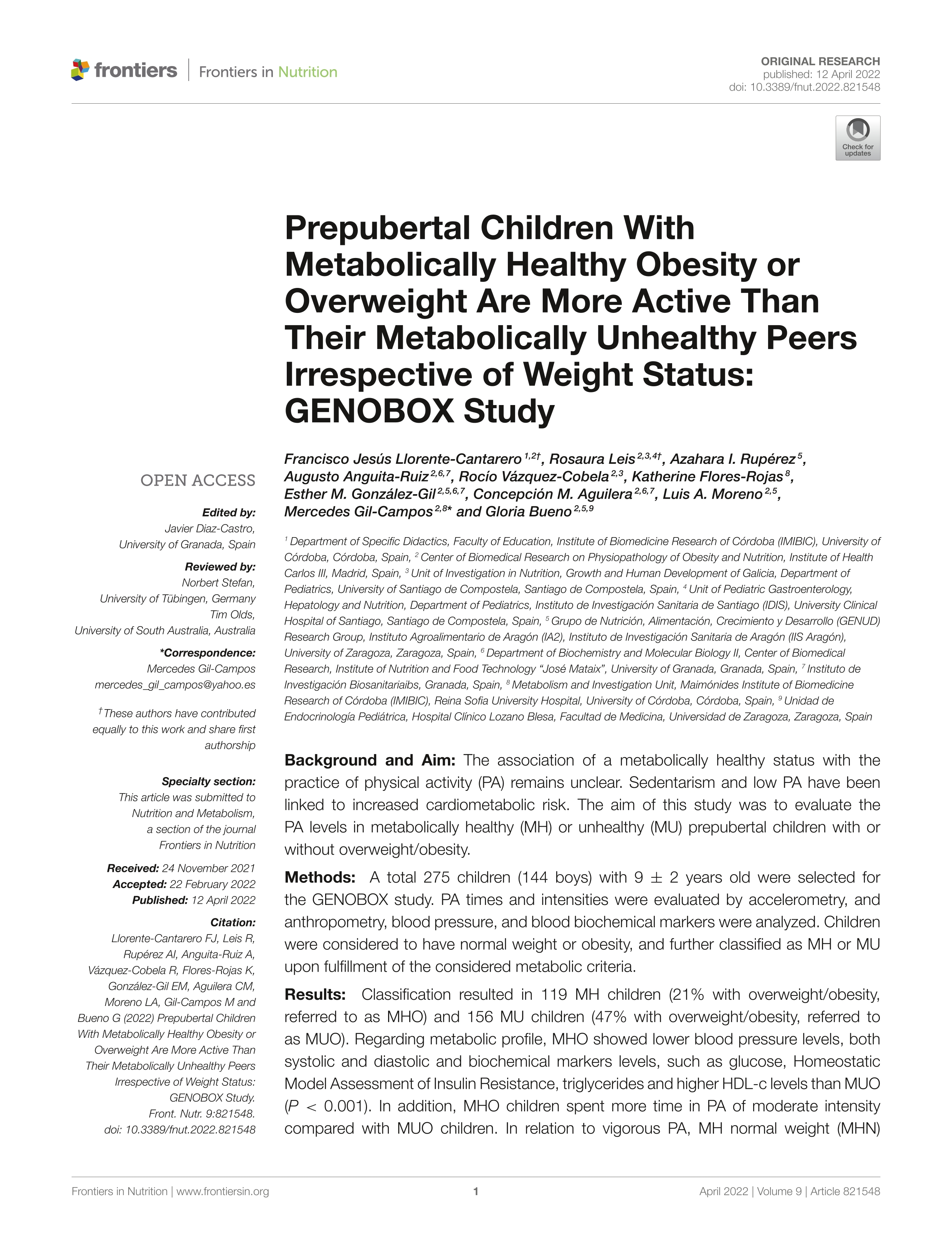 Prepubertal Children With Metabolically Healthy Obesity or Overweight Are More Active Than Their Metabolically Unhealthy Peers Irrespective of Weight Status: GENOBOX Study