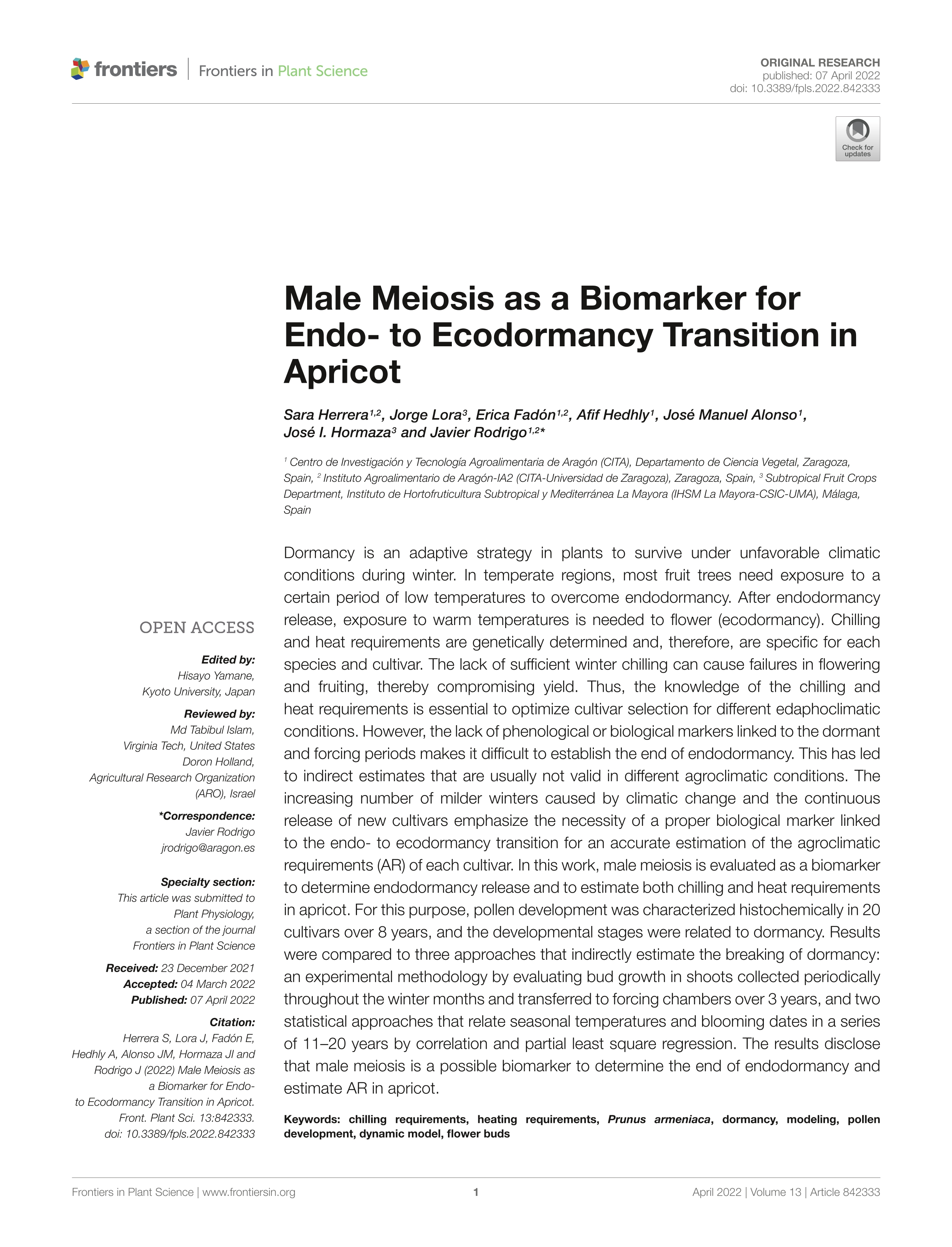 Male Meiosis as a Biomarker for Endo- to Ecodormancy Transition in Apricot