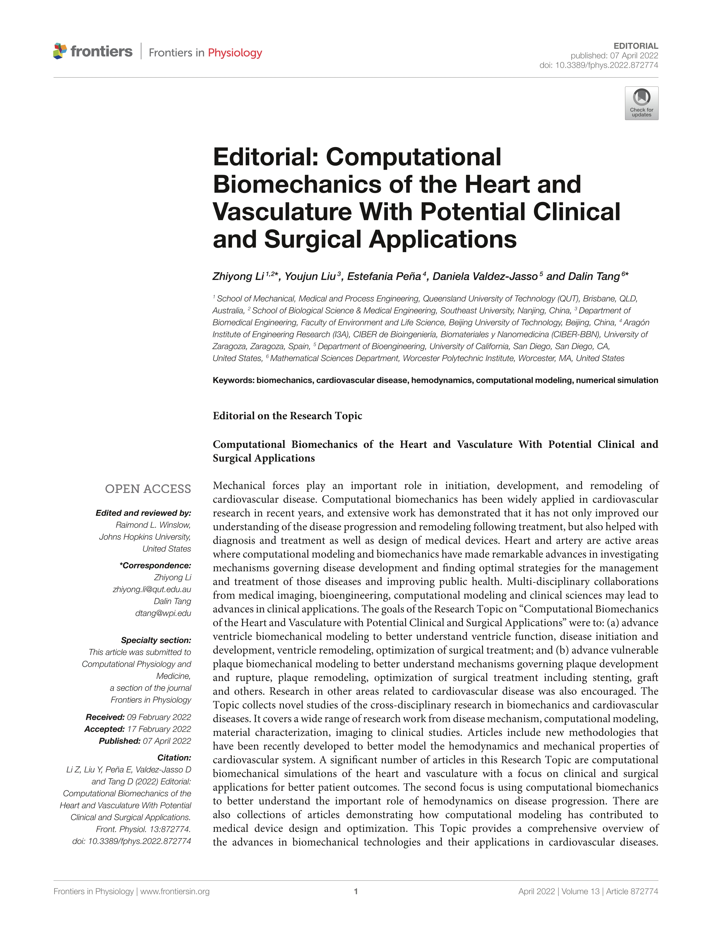 Editorial: Computational Biomechanics of the Heart and Vasculature With Potential Clinical and Surgical Applications