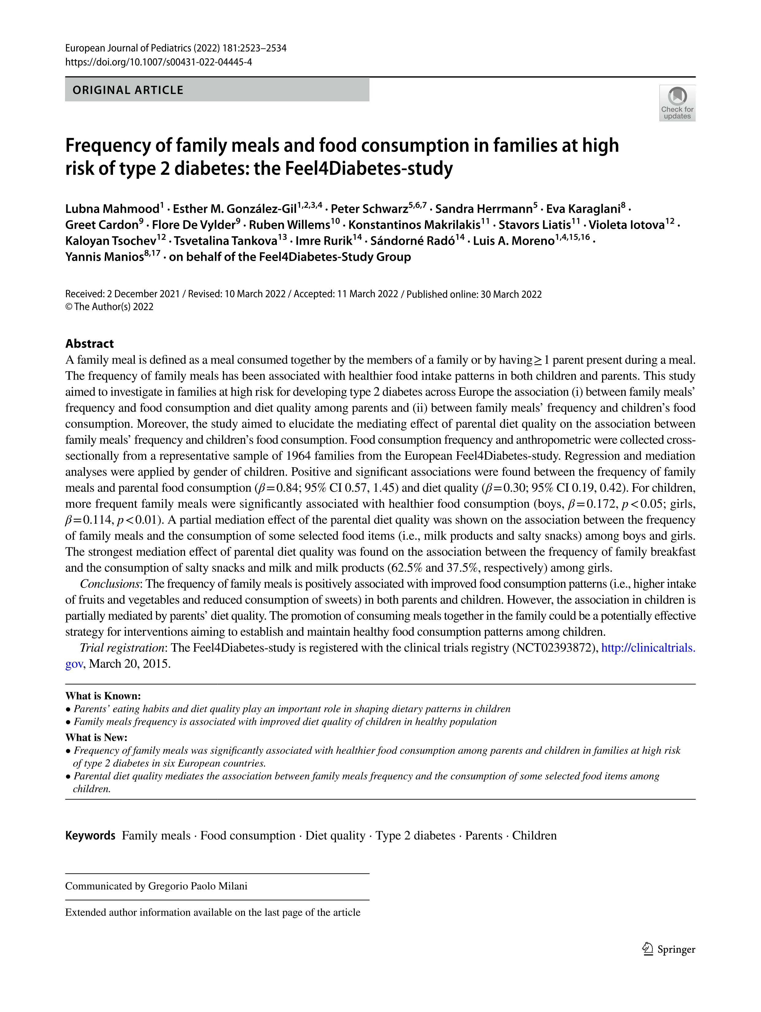 Frequency of family meals and food consumption in families at high risk of type 2 diabetes: the Feel4Diabetes-study