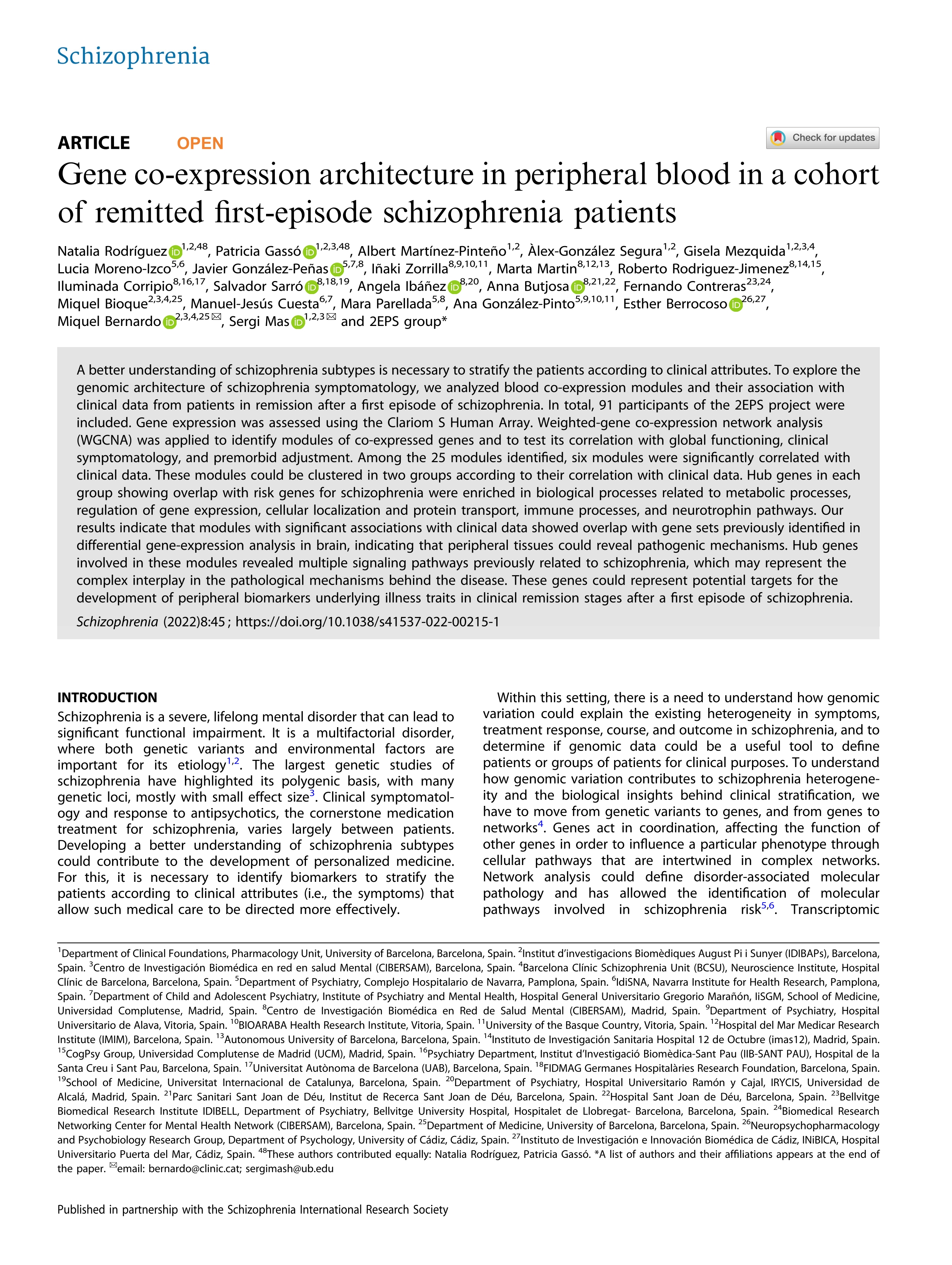 Gene co-expression architecture in peripheral blood in a cohort of remitted first-episode schizophrenia patients