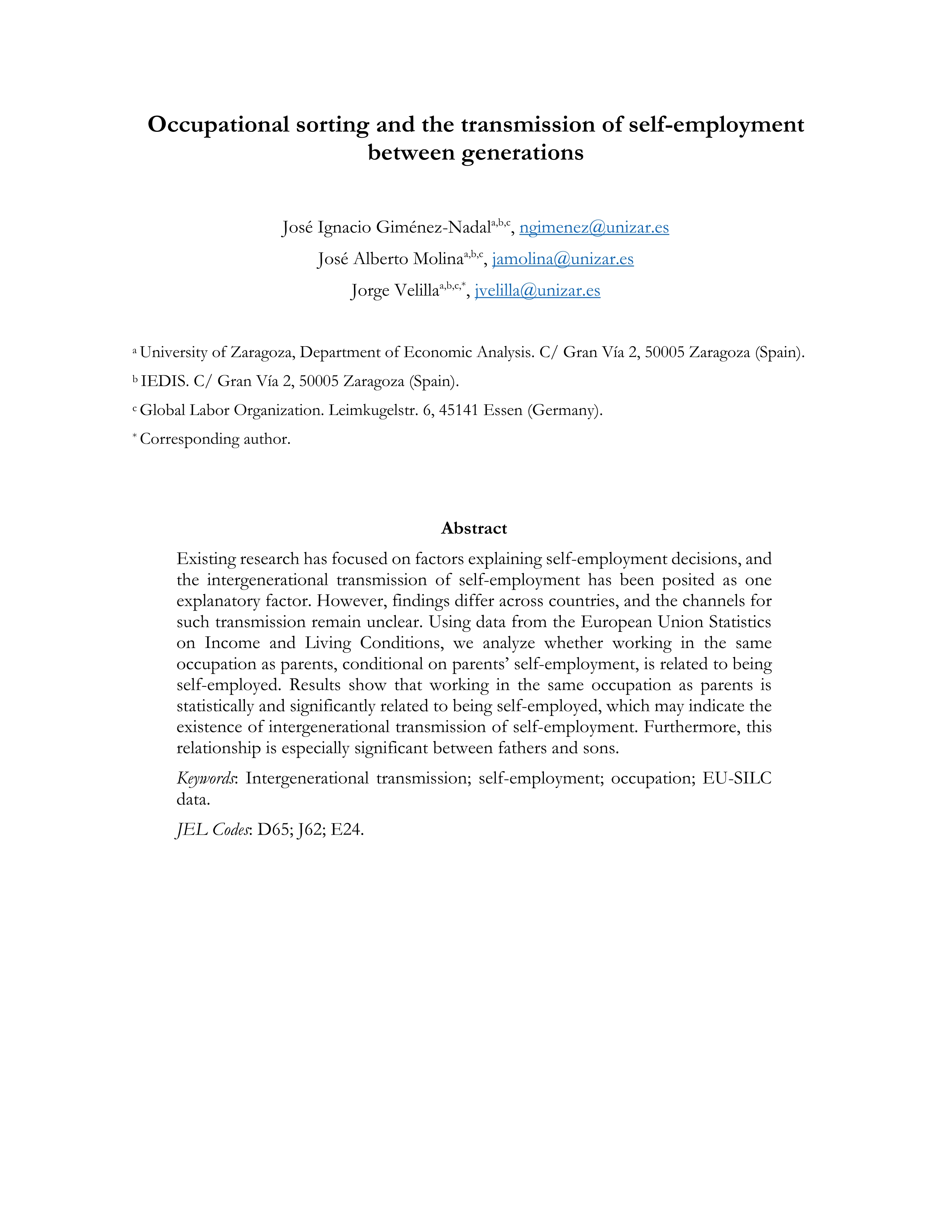 Occupational sorting and the transmission of self-employment between generations