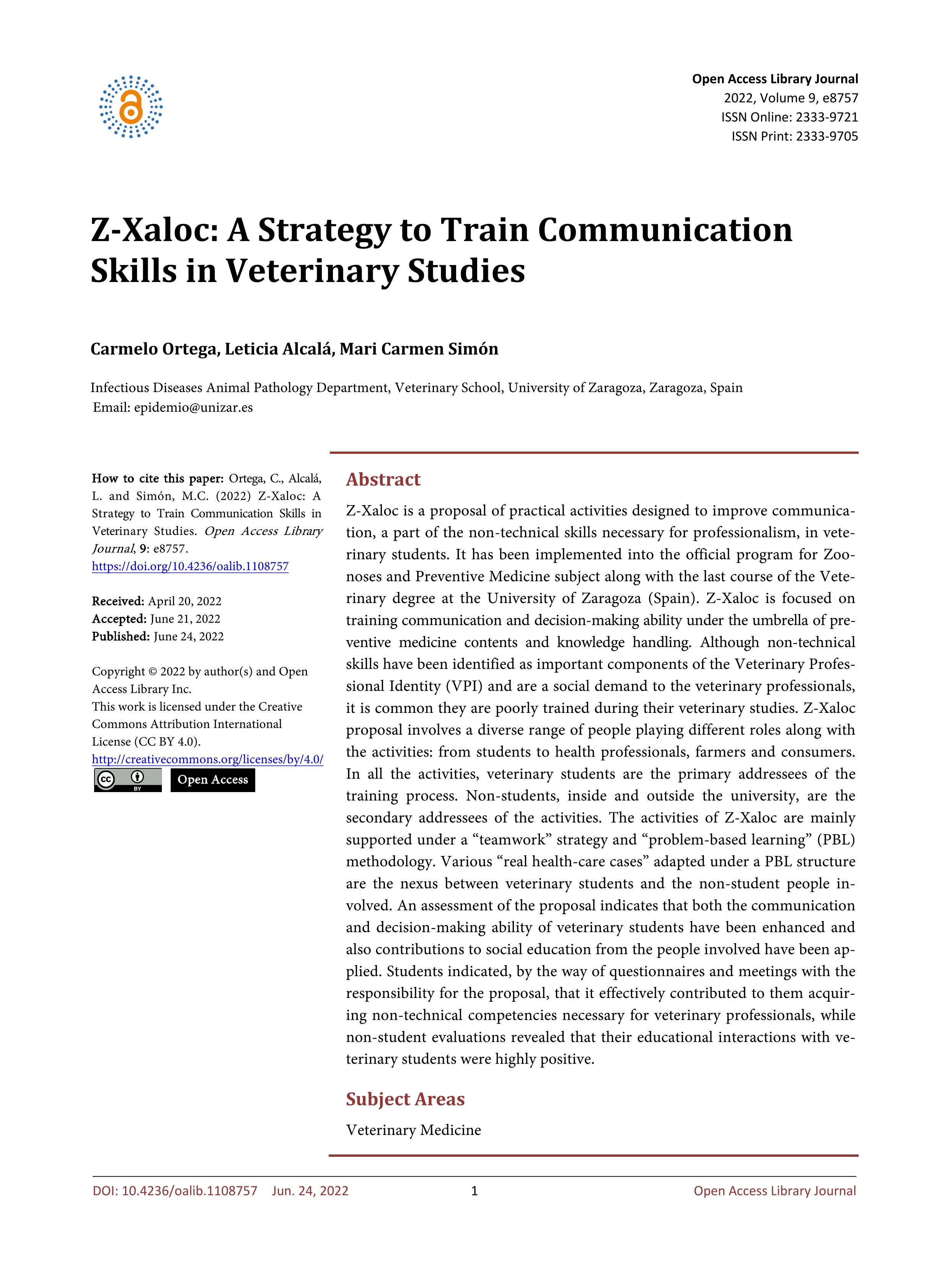 Z-Xaloc: A Strategy to Train Communication Skills in Veterinary Studies