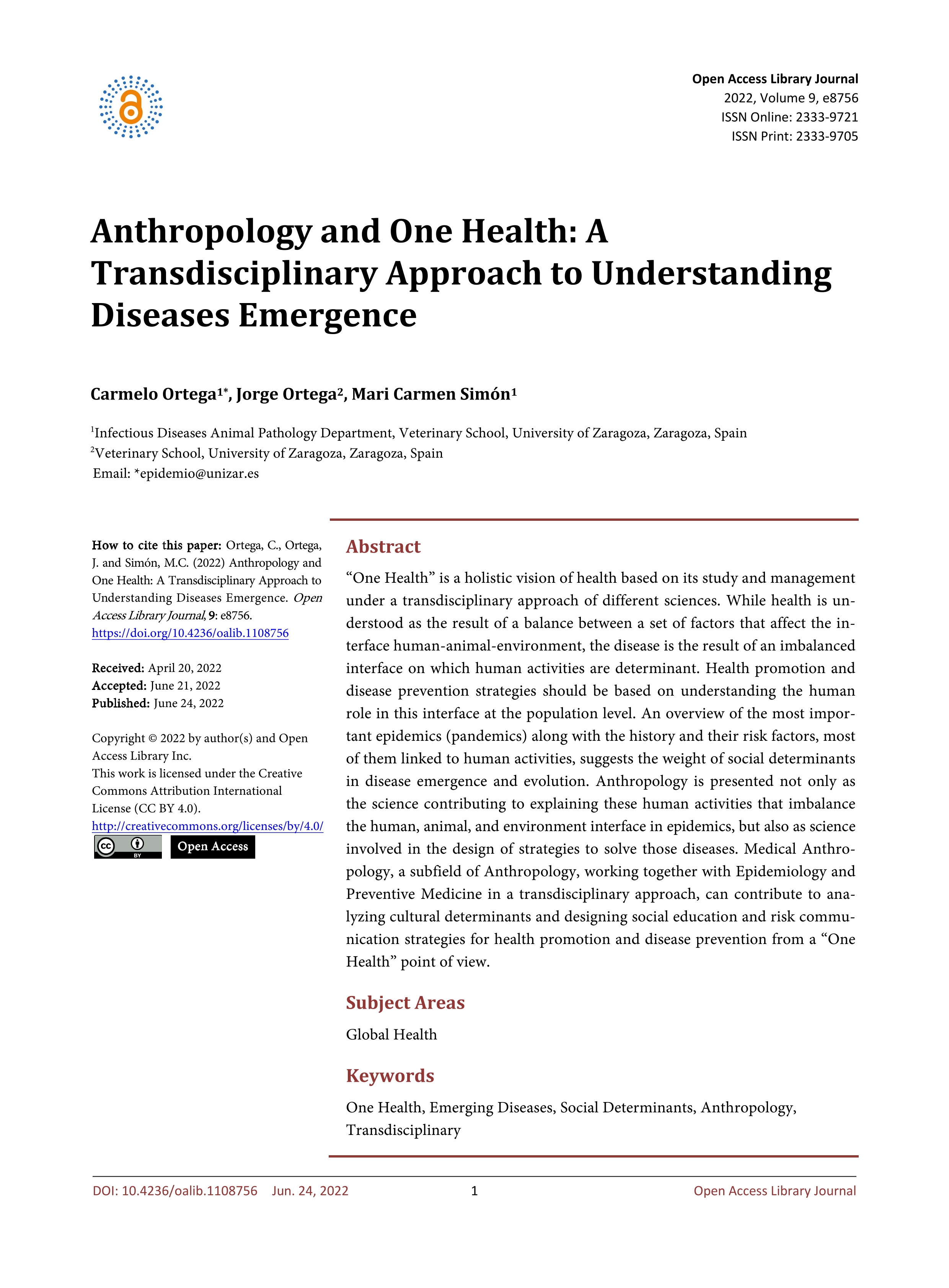 Anthropology and One Health: A Transdisciplinary Approach to Understanding Diseases Emergence