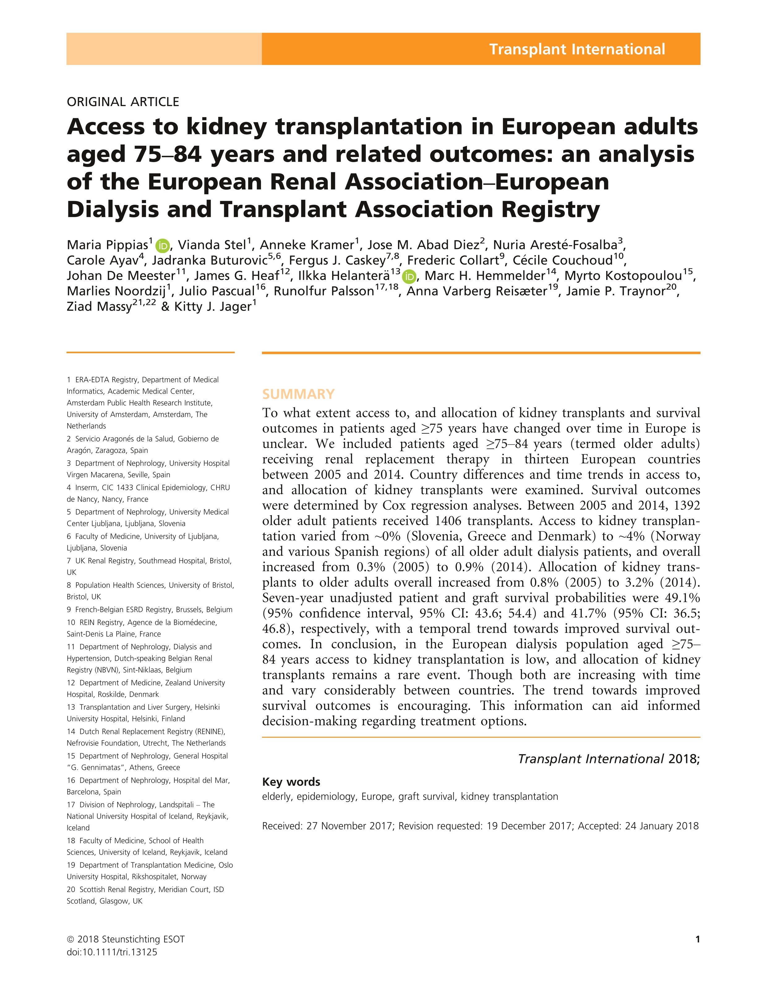 Access to kidney transplantation in European adults aged 75–84 years and related outcomes: an analysis of the European Renal Association–European Dialysis and Transplant Association Registry