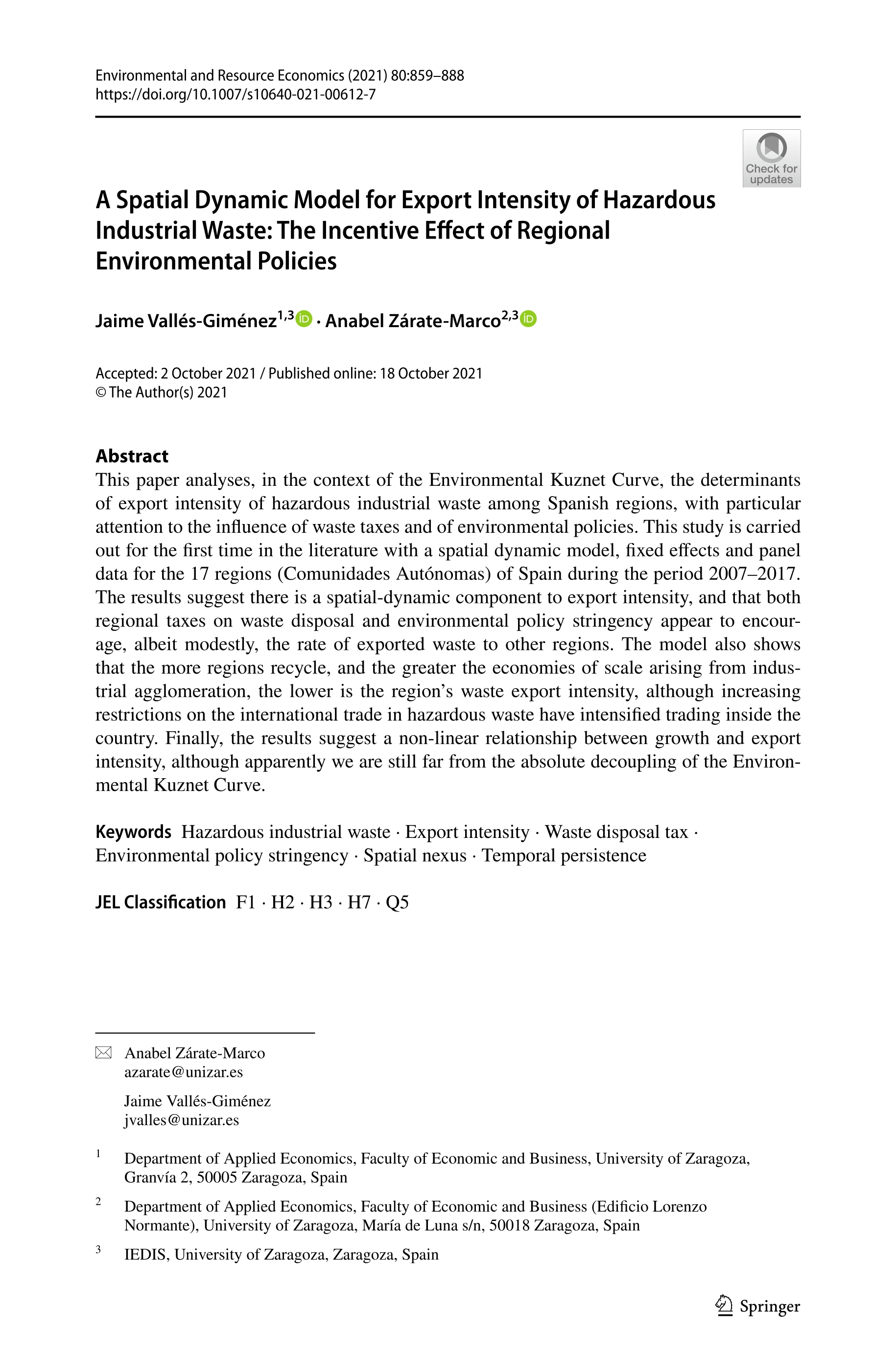 A Spatial Dynamic Model for Export Intensity of Hazardous Industrial Waste: The Incentive Effect of Regional Environmental Policies