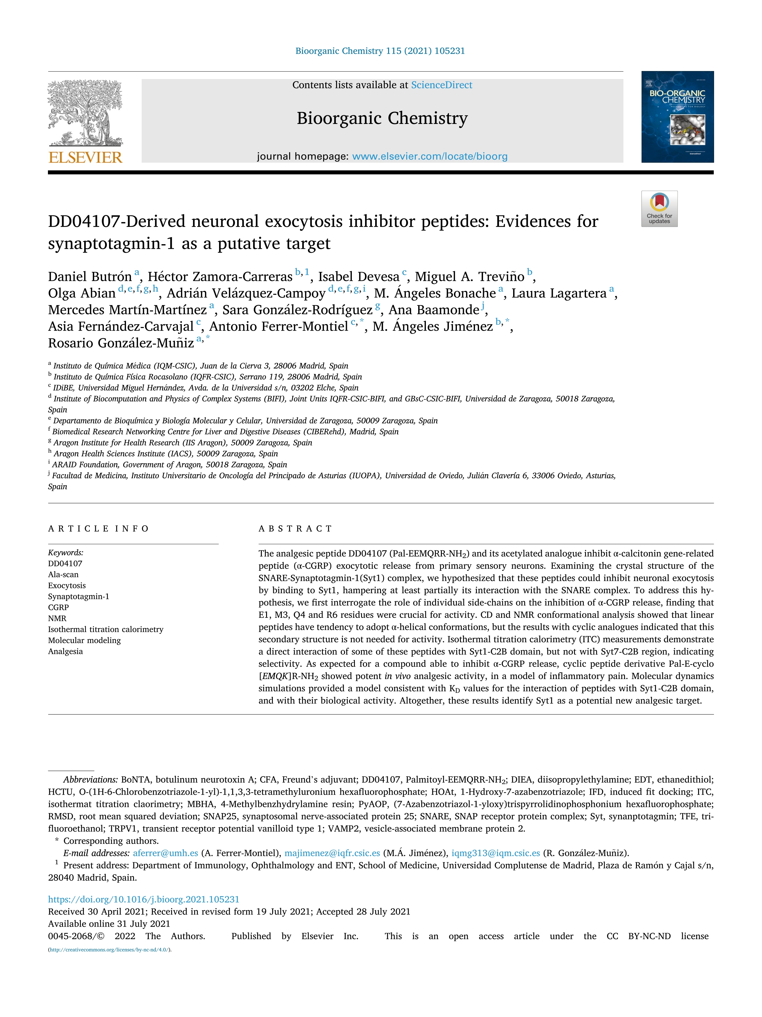 DD04107-Derived neuronal exocytosis inhibitor peptides: Evidences for synaptotagmin-1 as a putative target