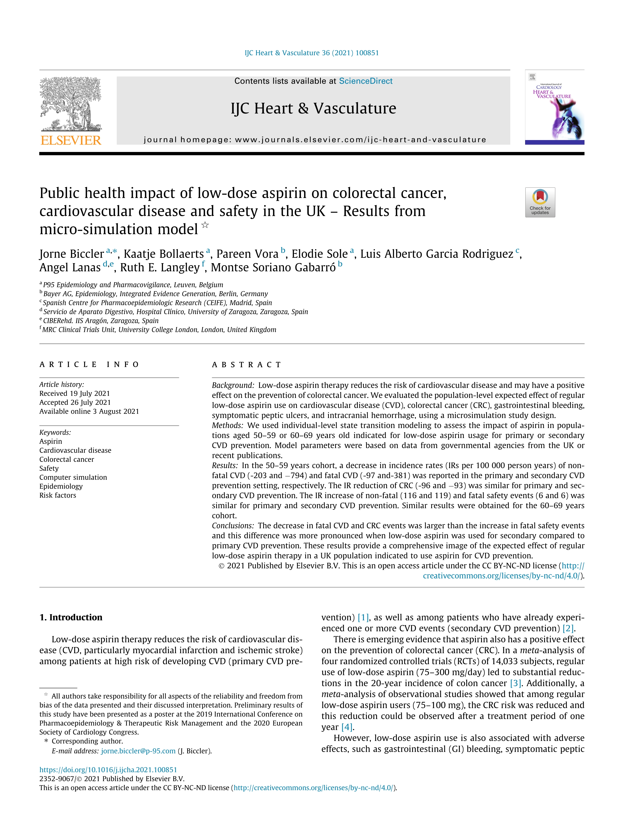 Public health impact of low-dose aspirin on colorectal cancer, cardiovascular disease and safety in the UK – Results from micro-simulation model