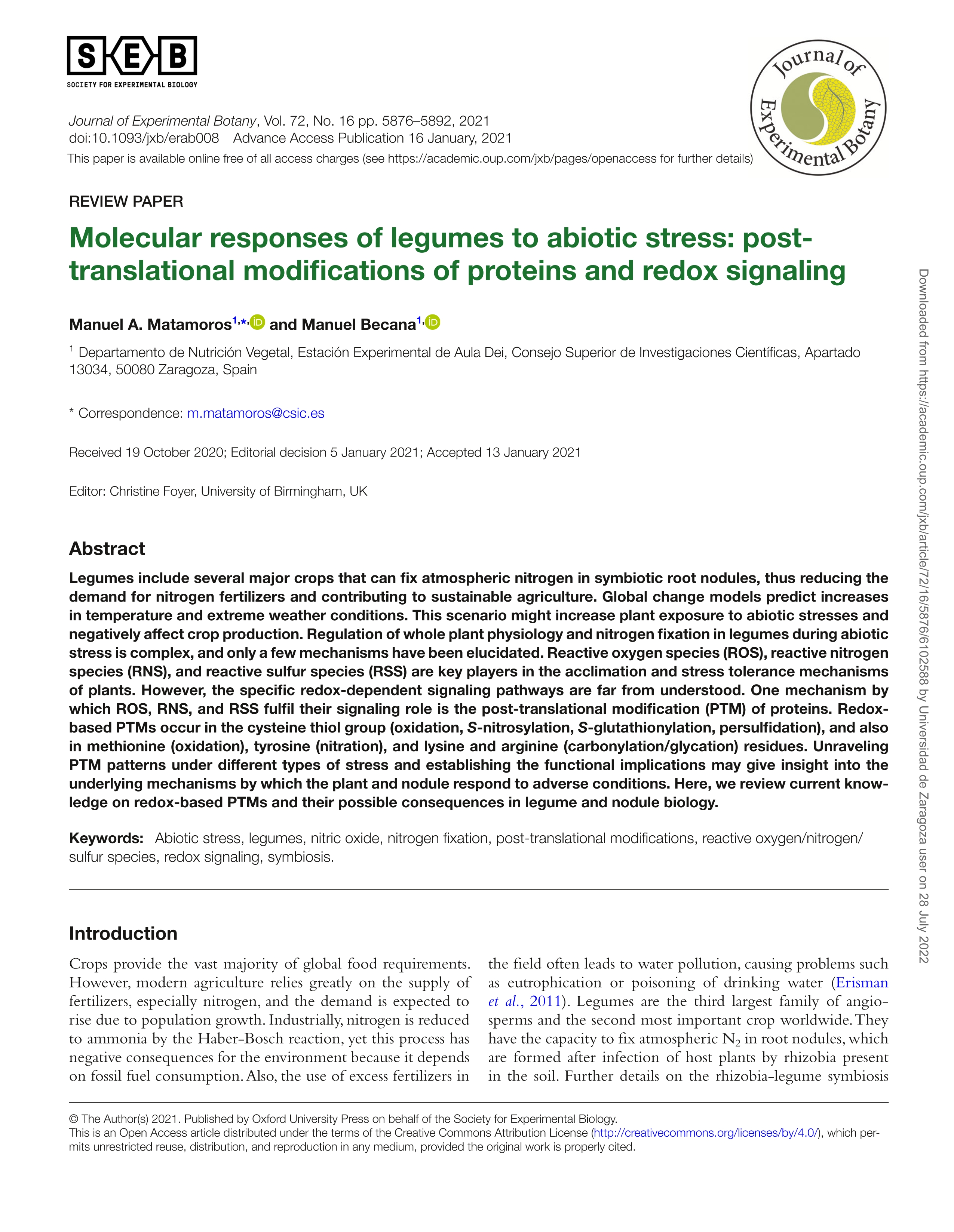 Molecular responses of legumes to abiotic stress: Post-translational modifications of proteins and redox signaling