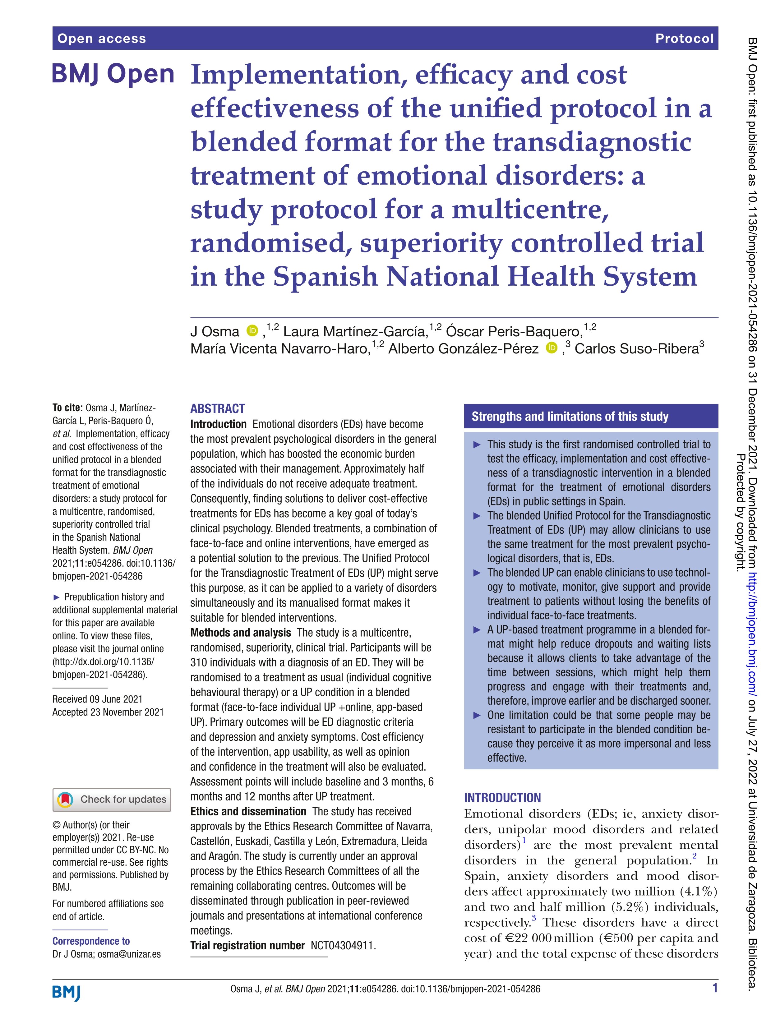 Implementation, efficacy and cost effectiveness of the unified protocol in a blended format for the transdiagnostic treatment of emotional disorders: a study protocol for a multicentre, randomised, superiority controlled trial in the Spanish National Health System