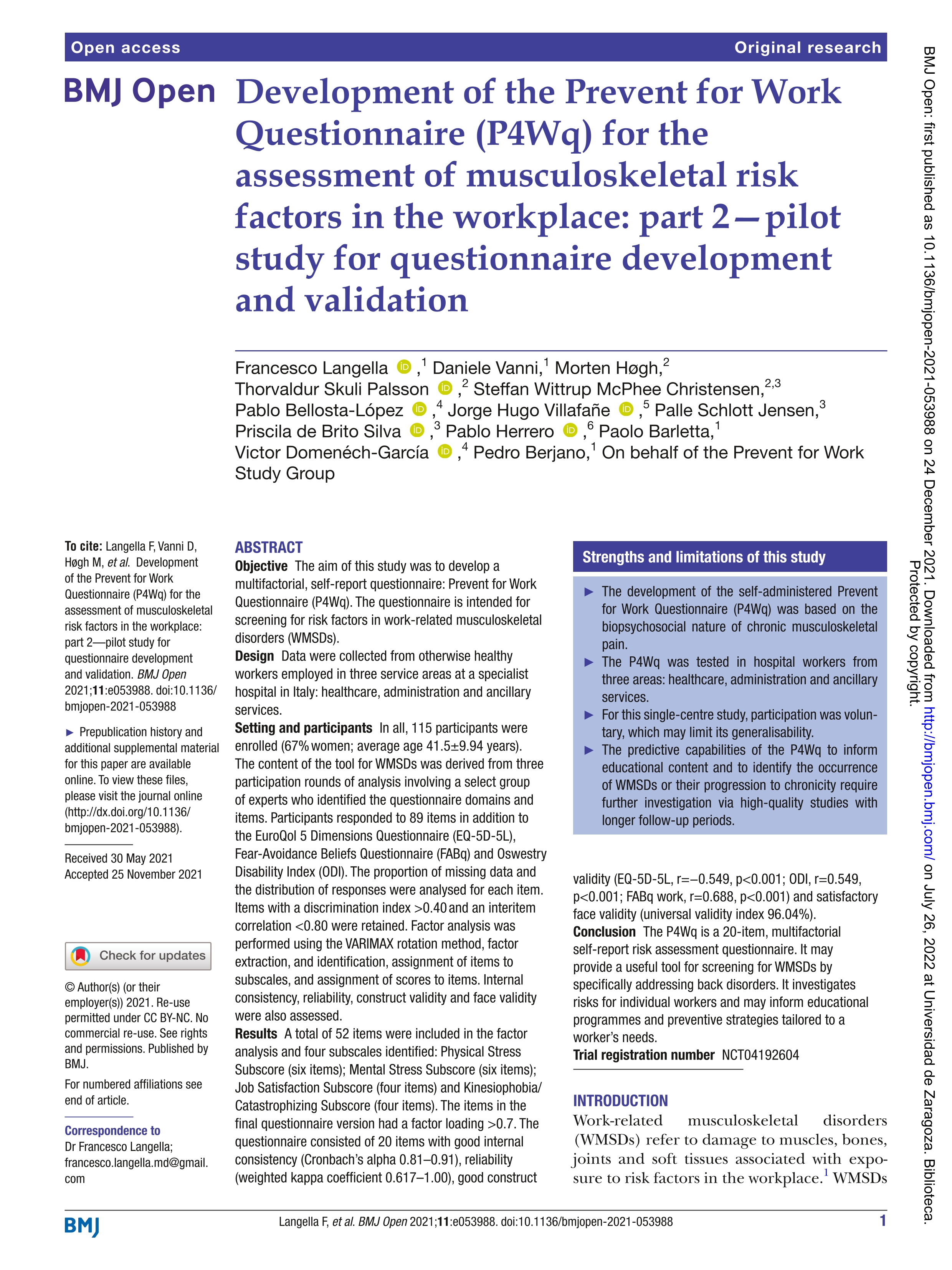 Development of the Prevent for Work Questionnaire (P4Wq) for the assessment of musculoskeletal risk factors in the workplace: part 2-pilot study for questionnaire development and validation