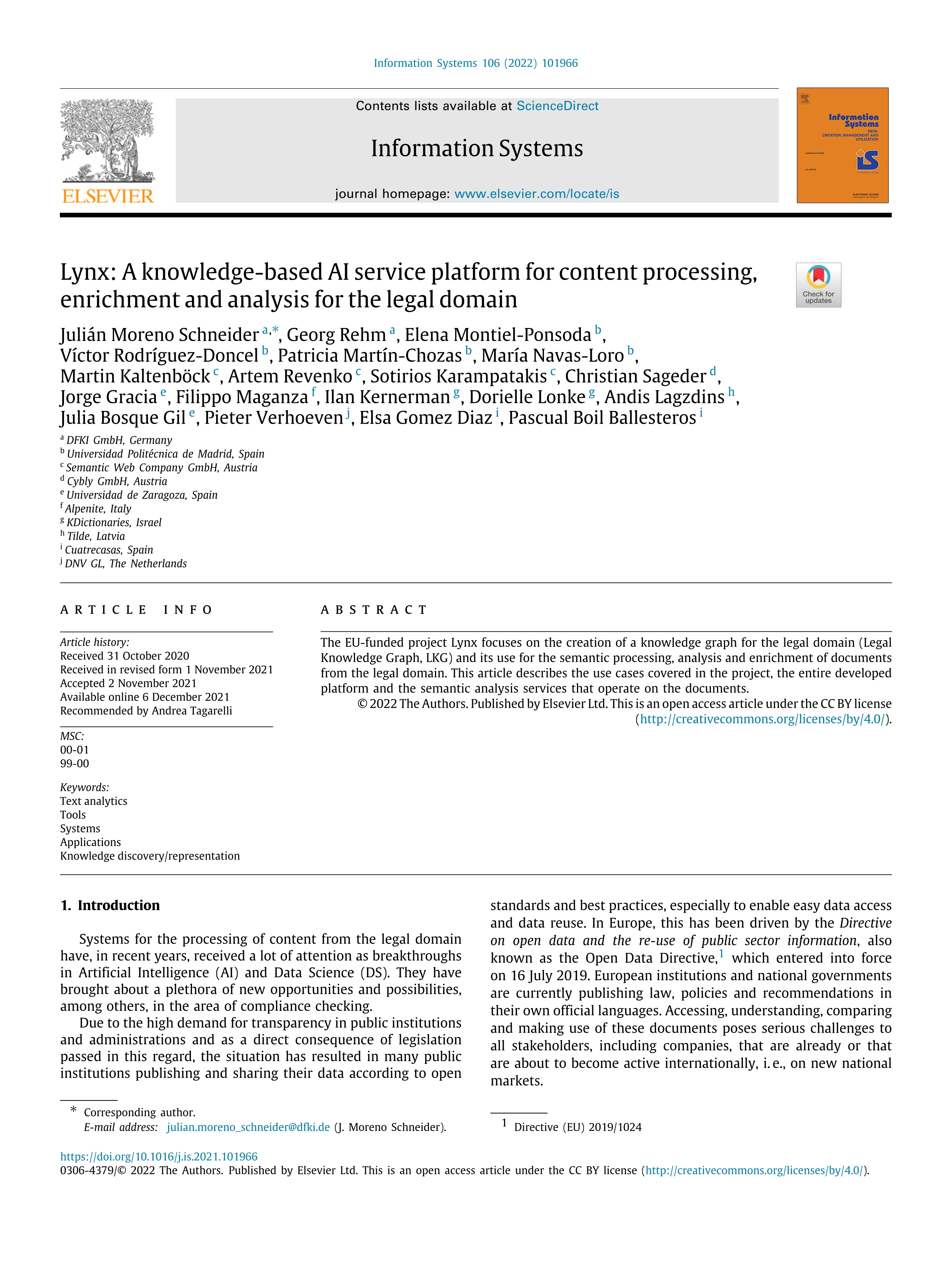 Lynx: A knowledge-based AI service platform for content processing, enrichment and analysis for the legal domain
