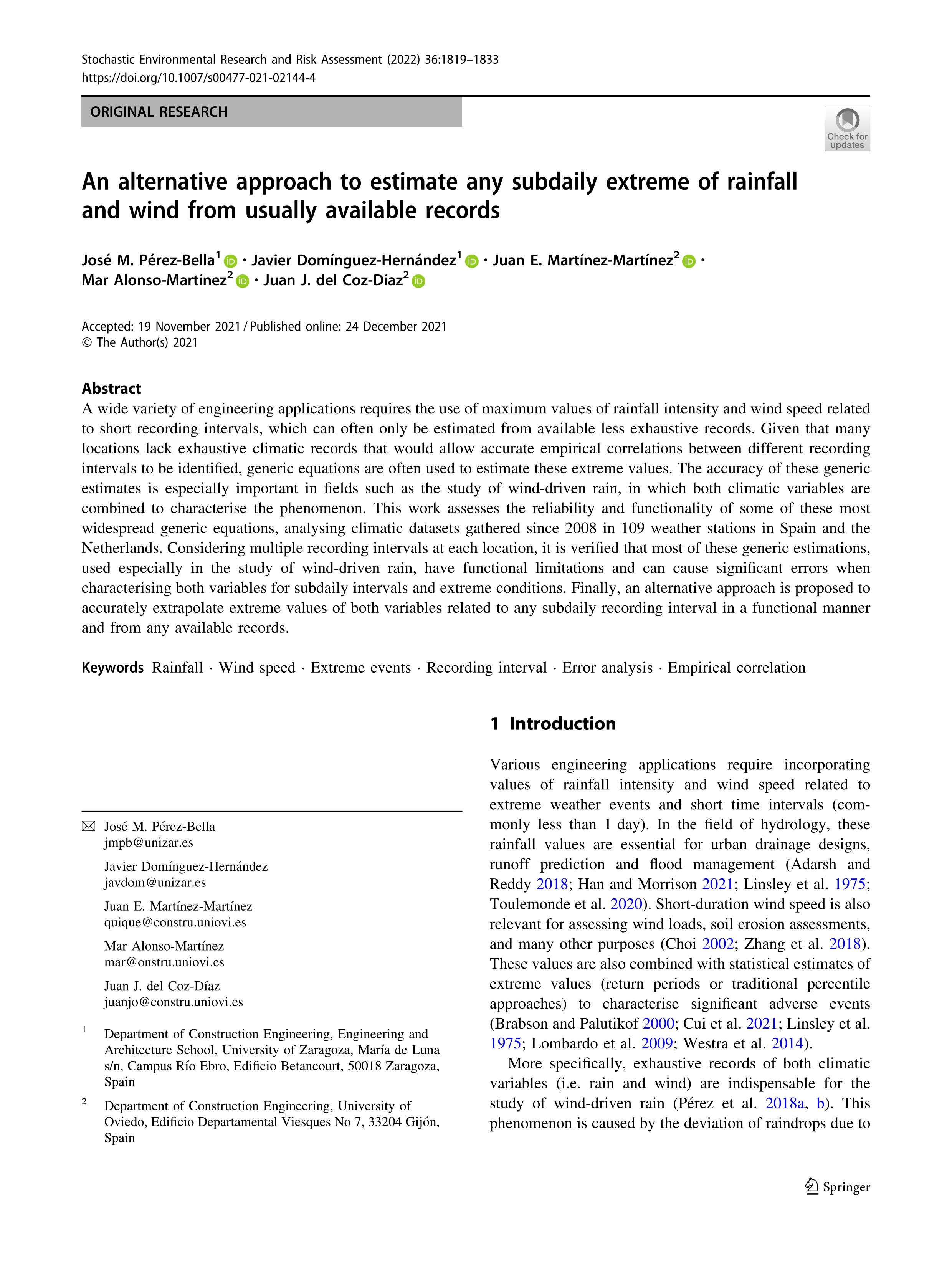 An alternative approach to estimate any subdaily extreme of rainfall and wind from usually available records