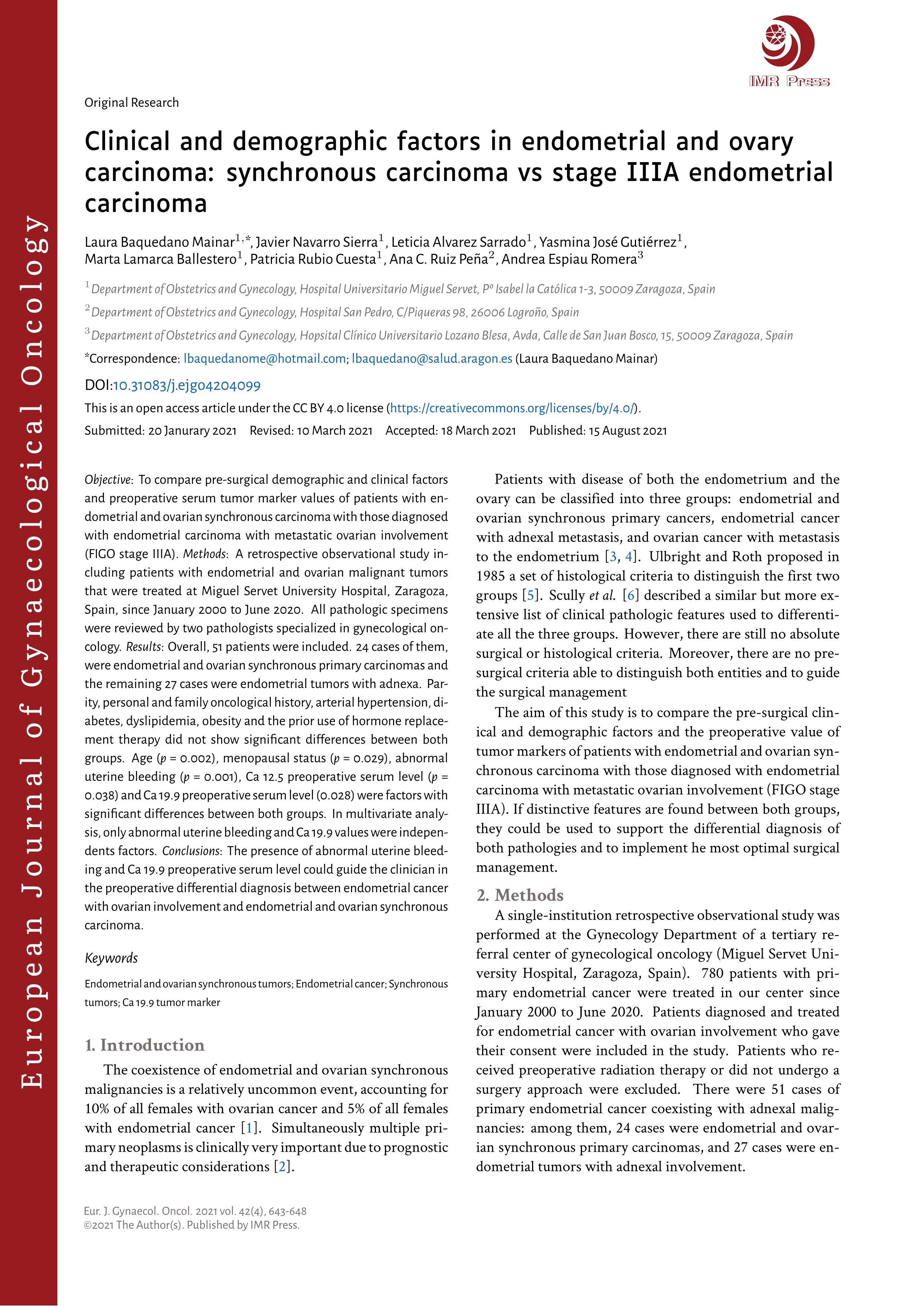 Clinical and demographic factors in endometrial and ovary carcinoma: Synchronous carcinoma vs stage IIIA endometrial carcinoma