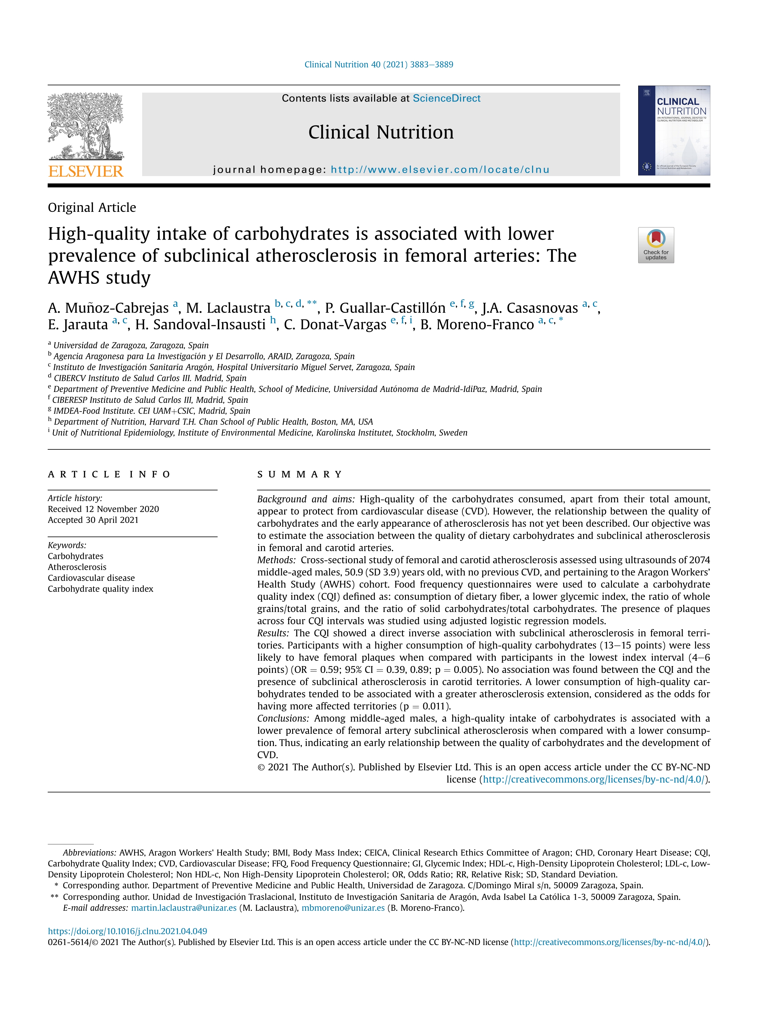 High-quality intake of carbohydrates is associated with lower prevalence of subclinical atherosclerosis in femoral arteries: The AWHS study