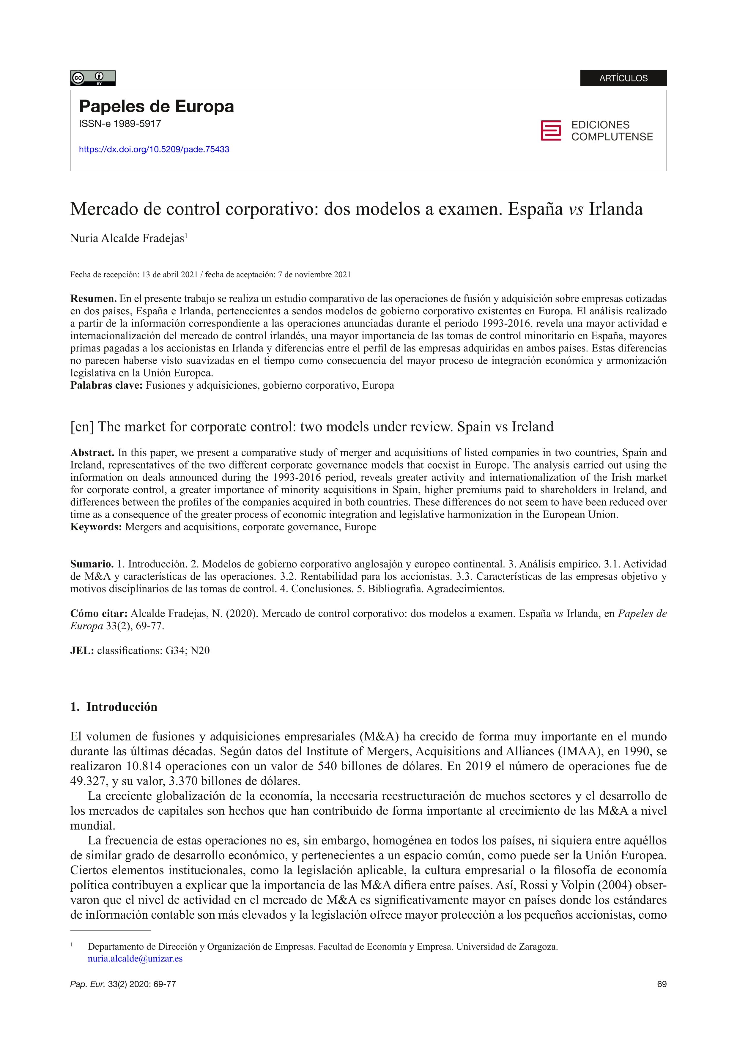 Mercado de control corporativo: dos modelos a examen. España vs Irlanda