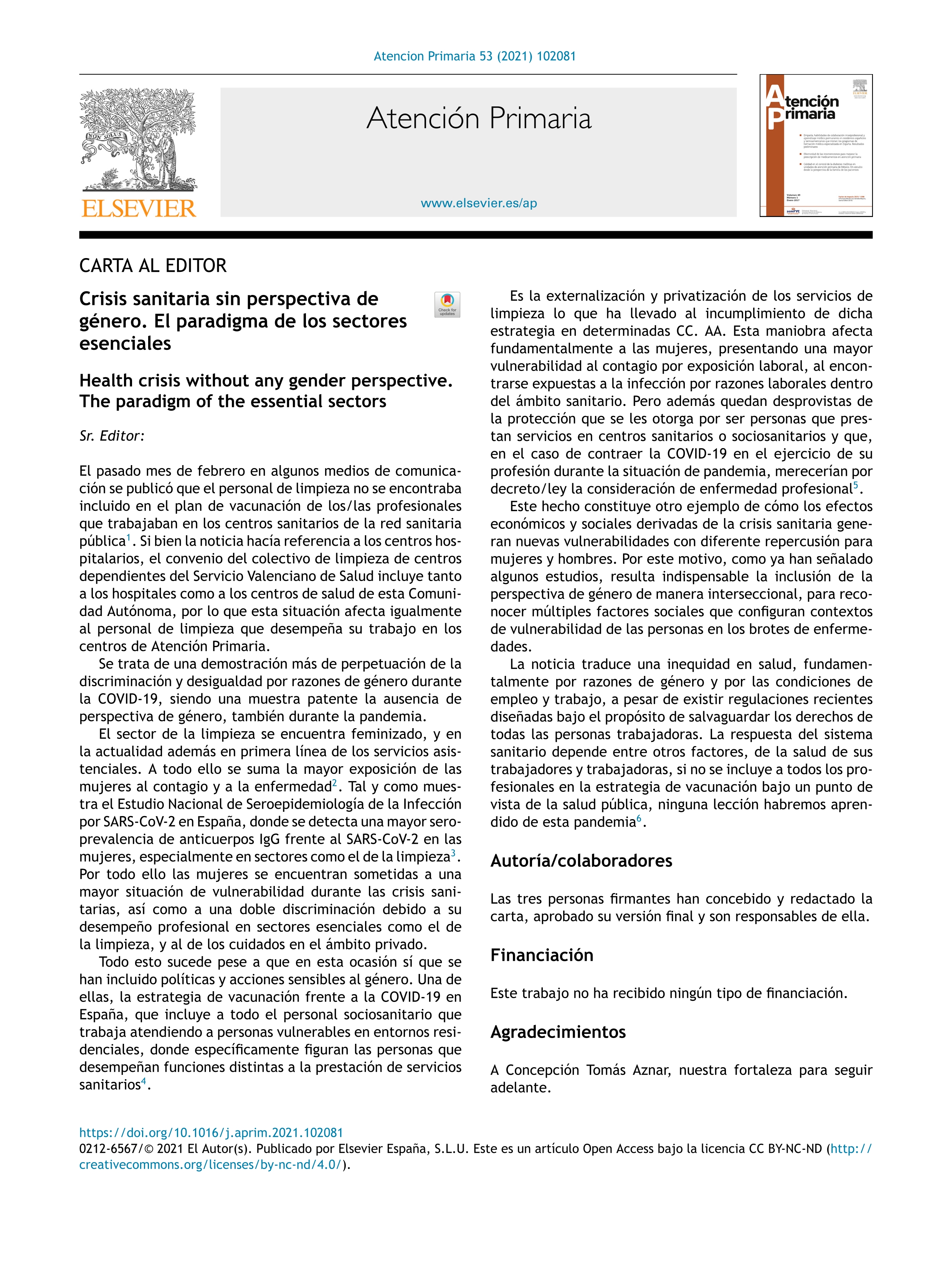 Health crisis without any gender perspective. The paradigm of the essential sectors [Crisis sanitaria sin perspectiva de género. El paradigma de los sectores esenciales]