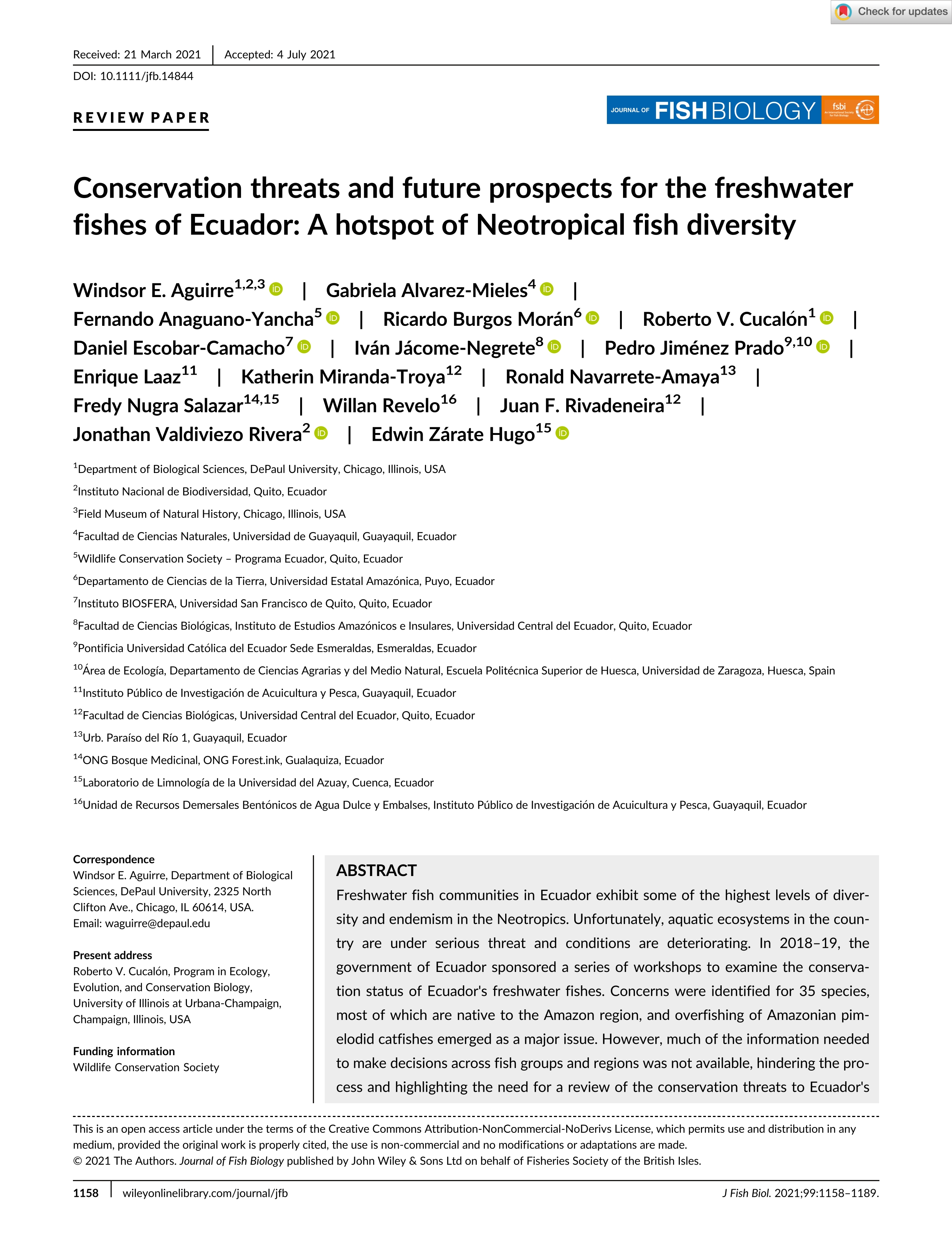 Conservation threats and future prospects for the freshwater fishes of Ecuador: A hotspot of Neotropical fish diversity