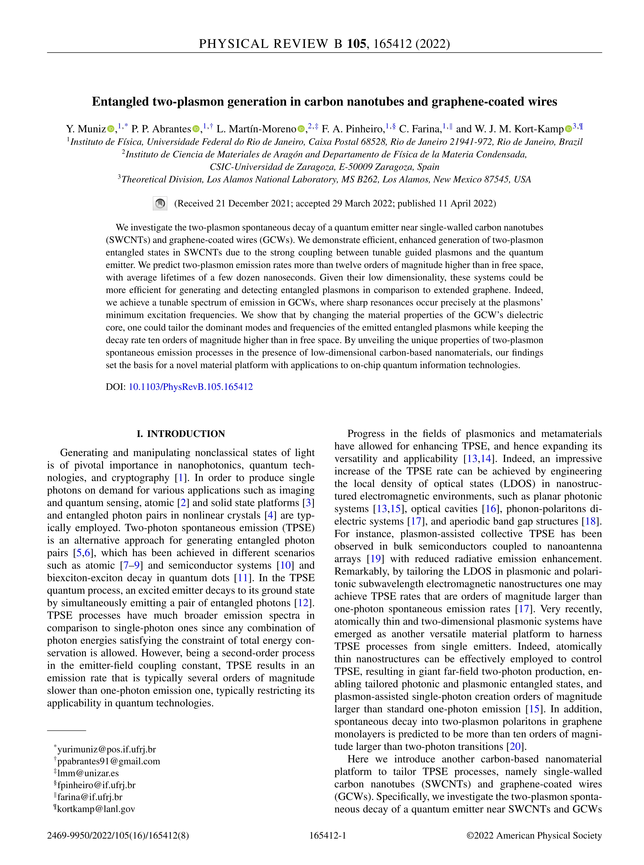 Entangled two-plasmon generation in carbon nanotubes and graphene-coated wires