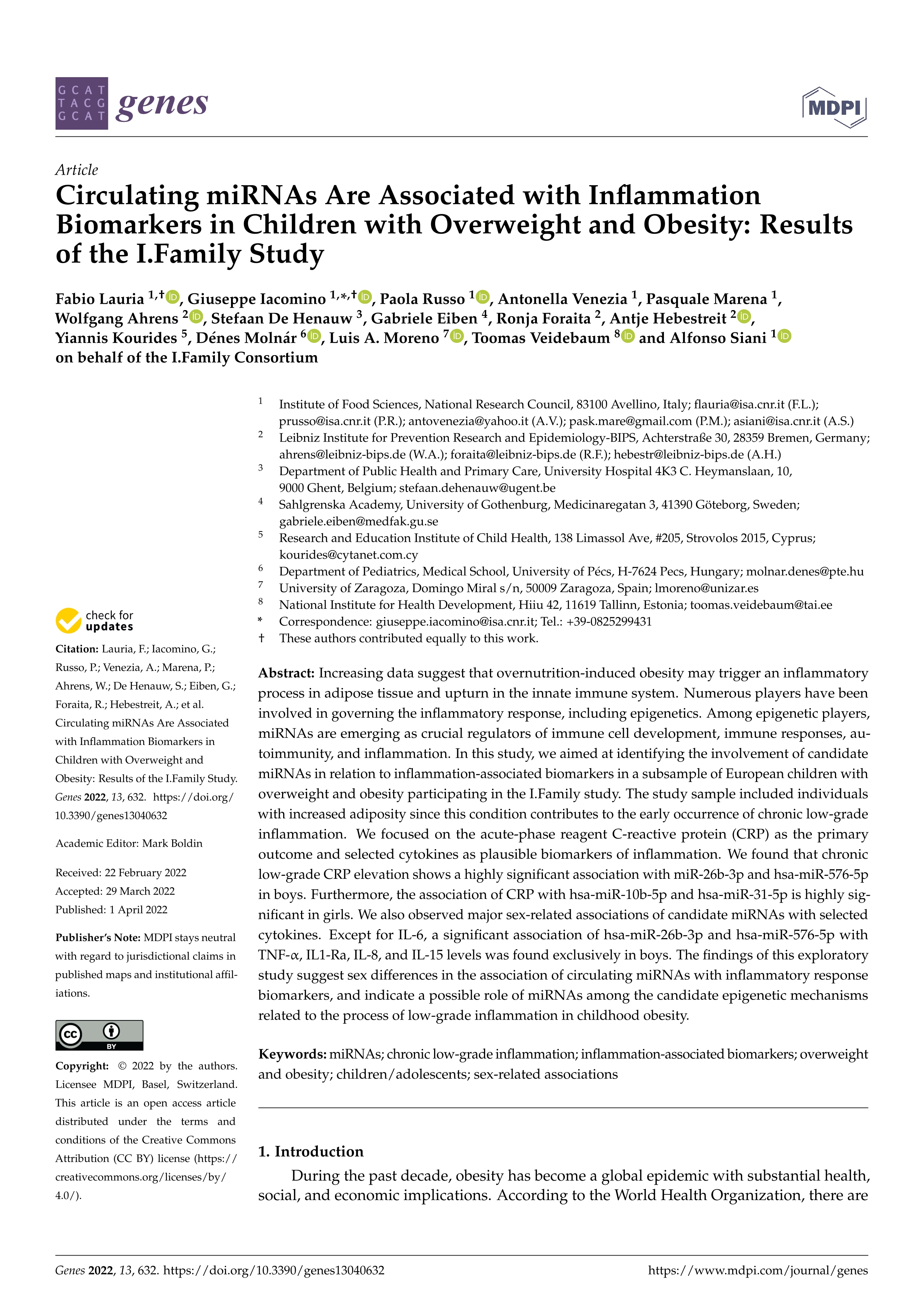 Circulating miRNAs are associated with inflammation biomarkers in children with overweight and obesity: results of the I.Family Study