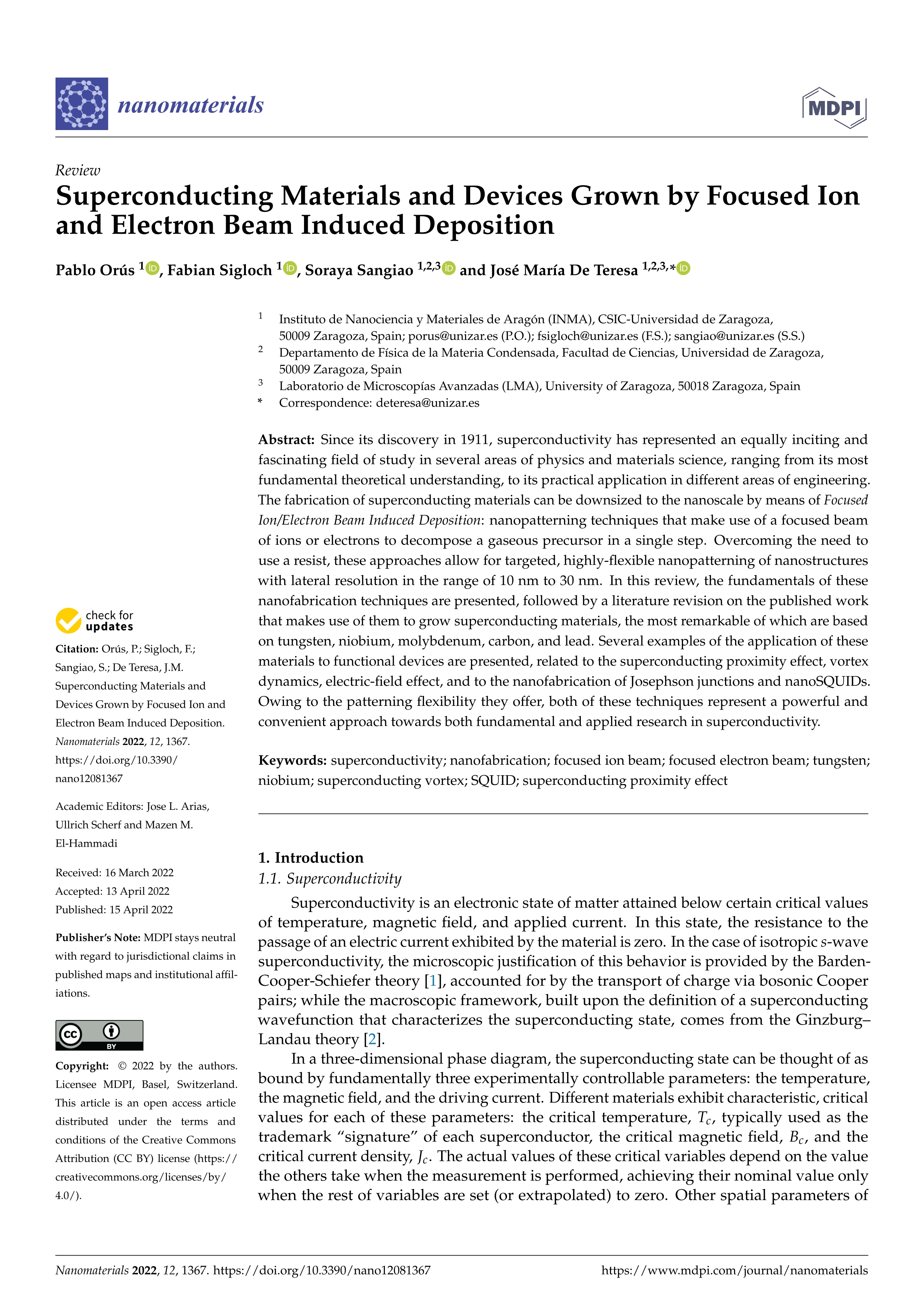 Superconducting materials and devices grown by focused ion and electron beam induced deposition