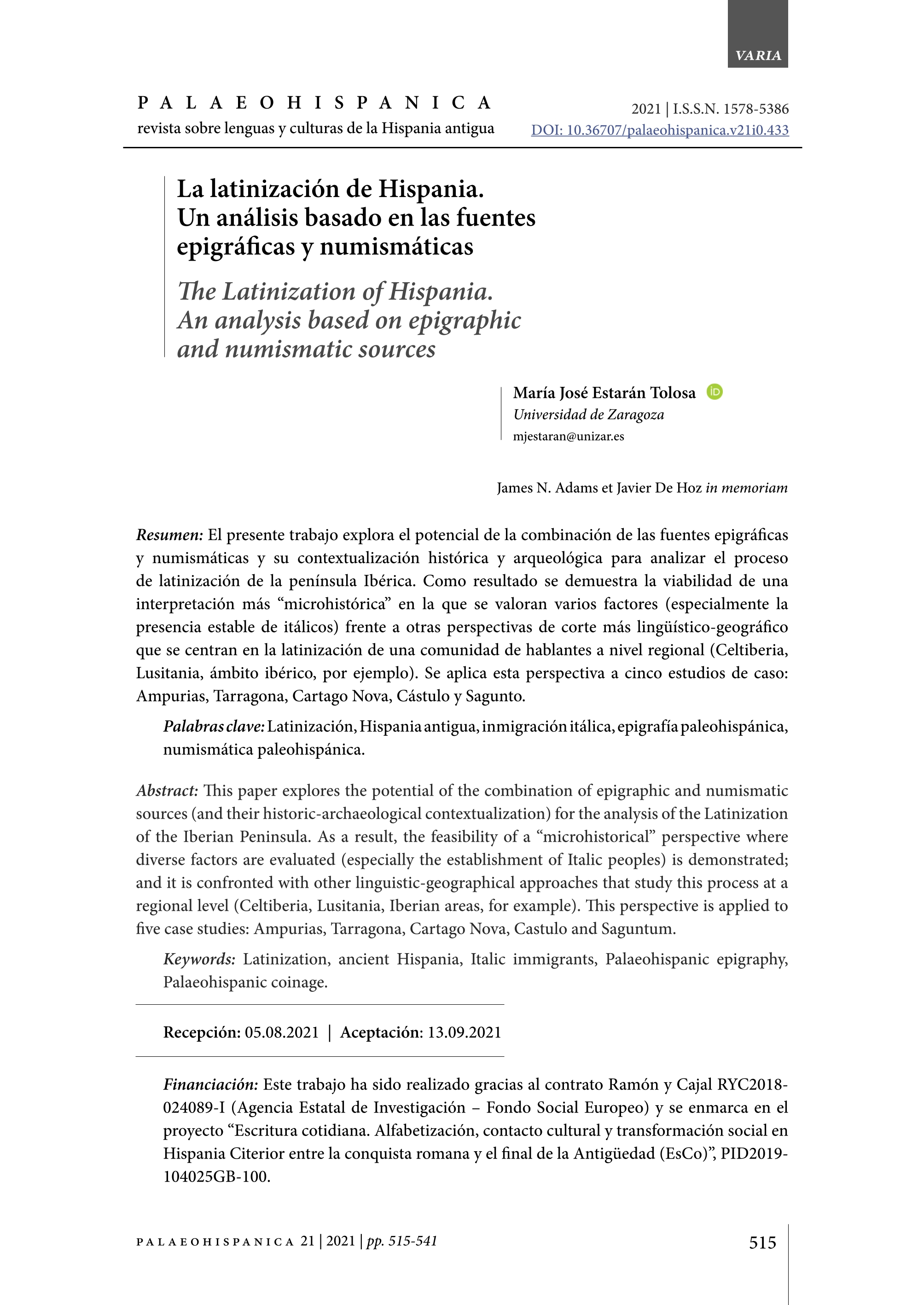 La latinización de Hispania. Un análisis basado en las fuentes epigráficas y numismáticas