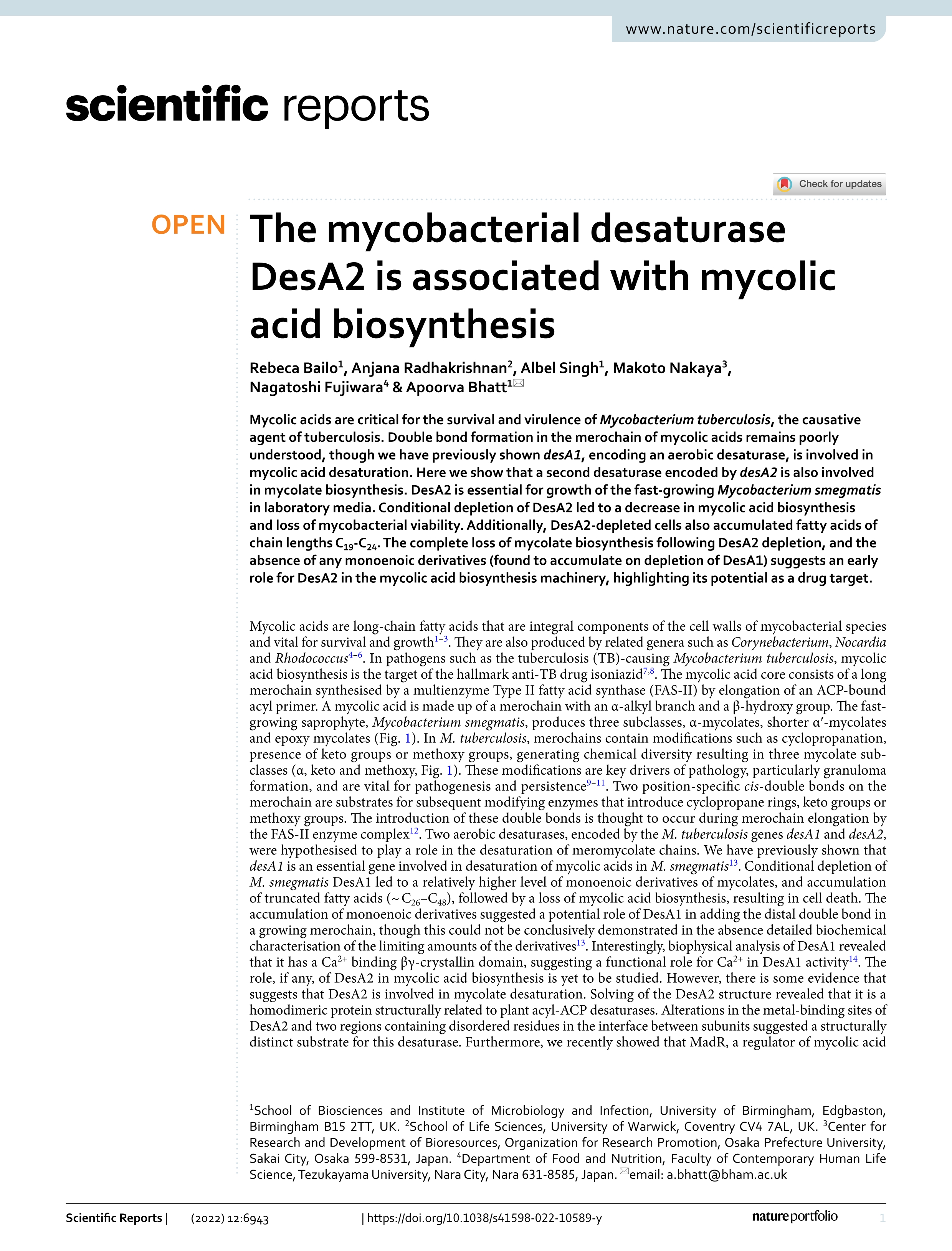 The mycobacterial desaturase DesA2 is associated with mycolic acid biosynthesis