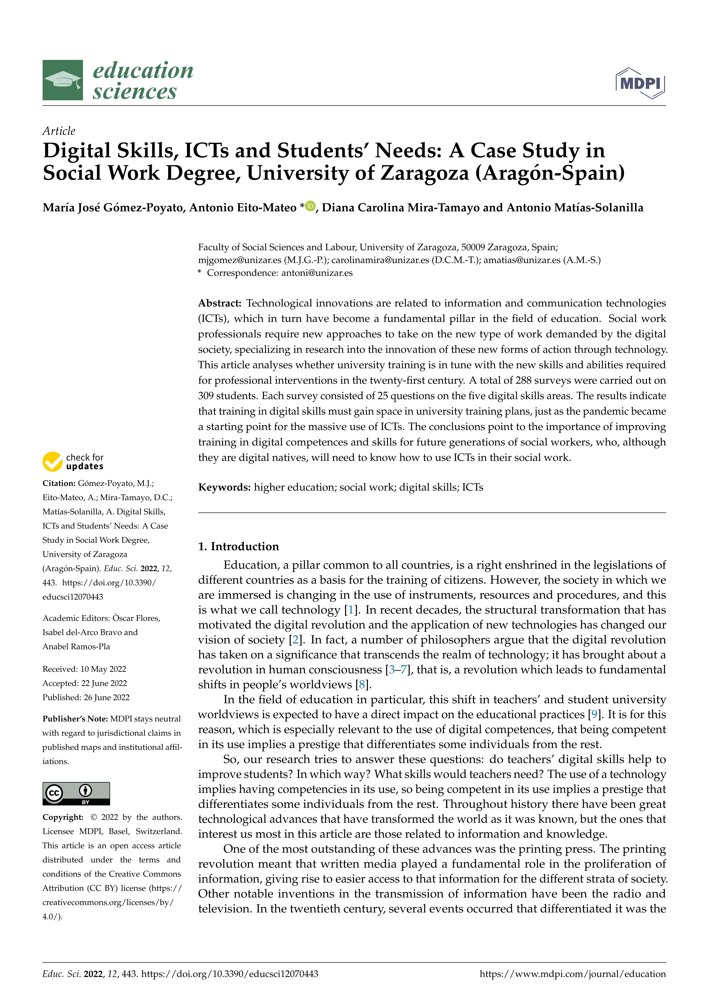 Digital skills, ICTs and students’ needs: a case study in social work degree, University of Zaragoza (Aragón-Spain)