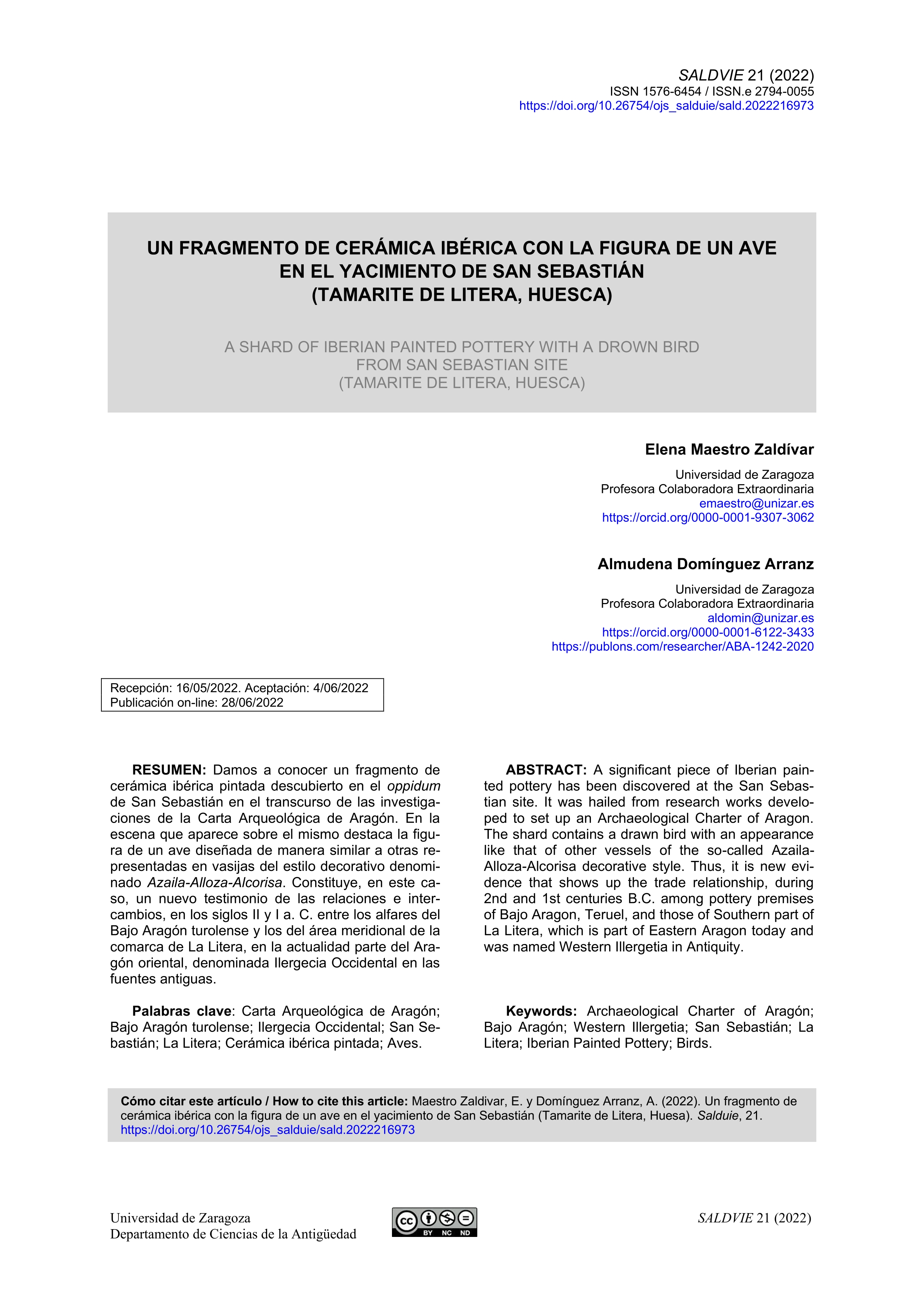 Un fragmento de cerámica ibérica con la figura de un ave en el yacimiento de San Sebastián (Tamarite de Litera, Huesca)
