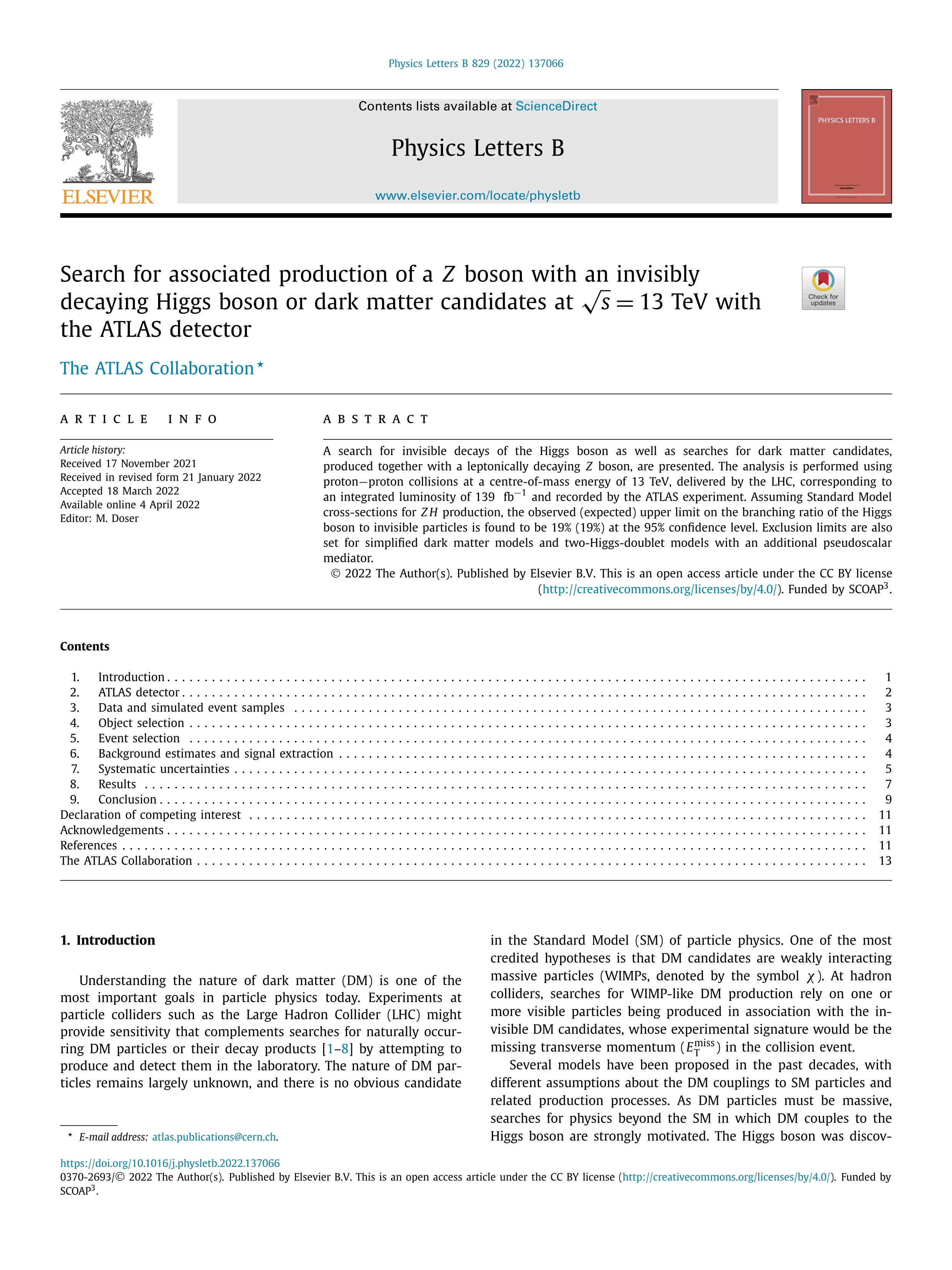 Search for associated production of a Z boson with an invisibly decaying Higgs boson or dark matter candidates at 13 TeV with the ATLAS detector