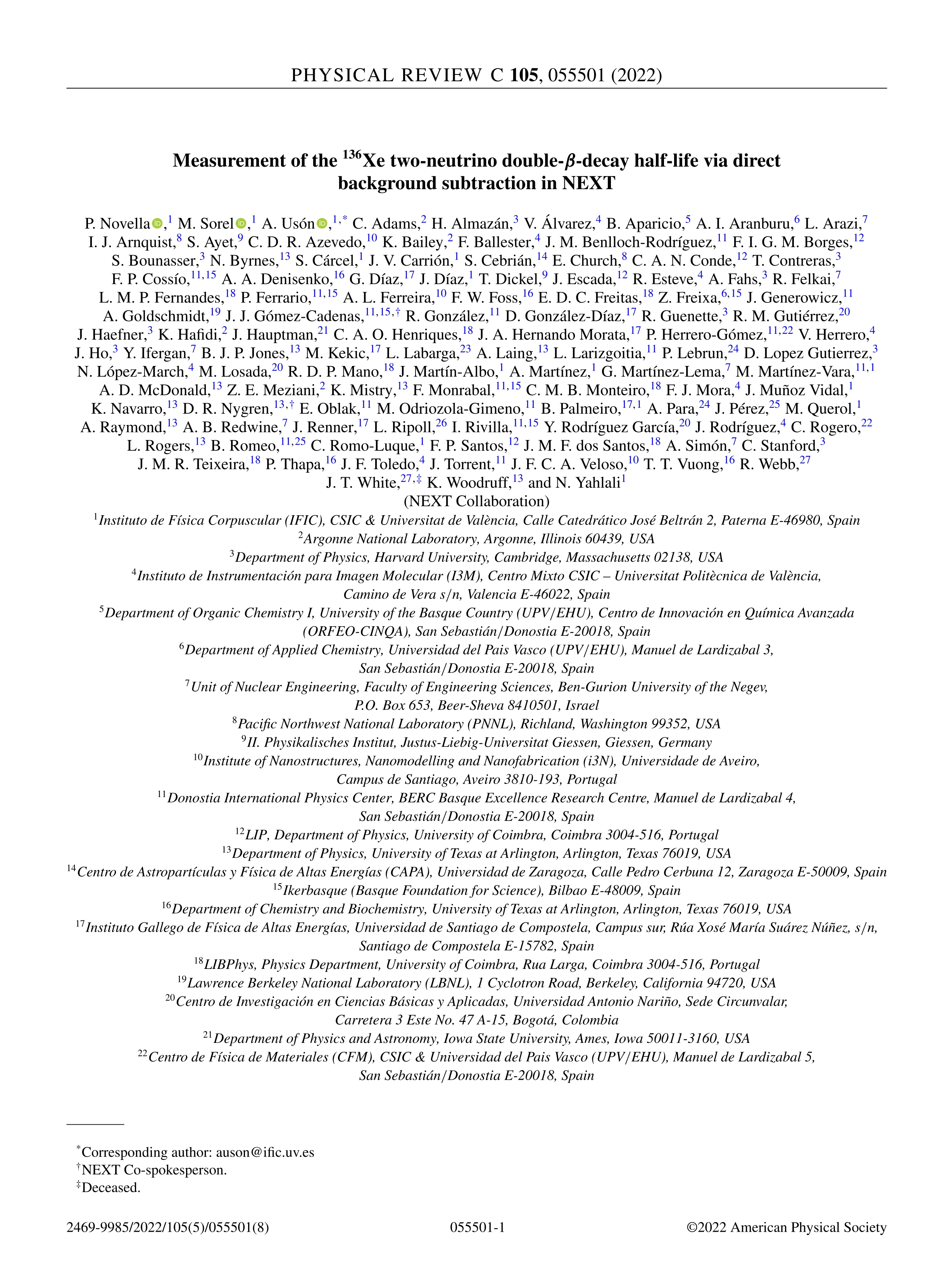 Measurement of the Xe 136 two-neutrino double- ß -decay half-life via direct background subtraction in NEXT