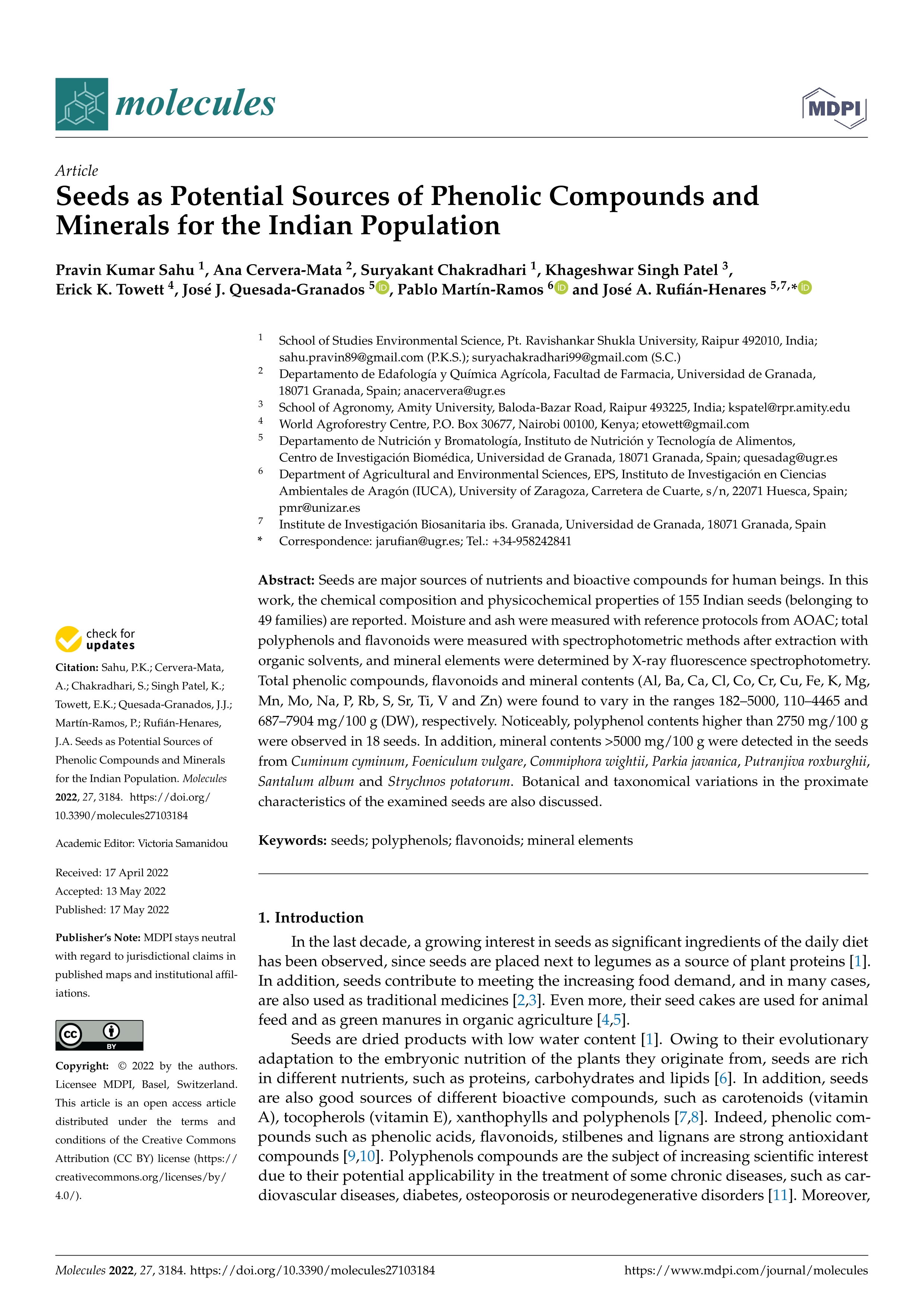 Seeds as potential sources of phenolic compounds and minerals for the Indian population