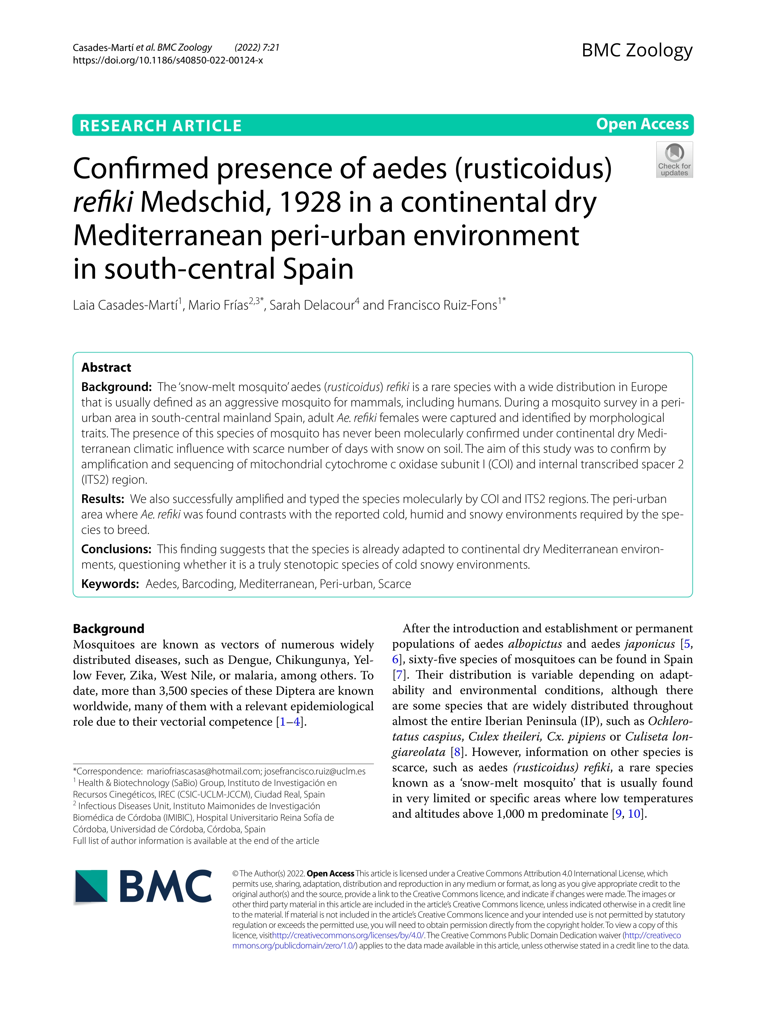 Confirmed presence of aedes (rusticoidus) refiki Medschid, 1928 in a continental dry Mediterranean peri-urban environment in south-central Spain