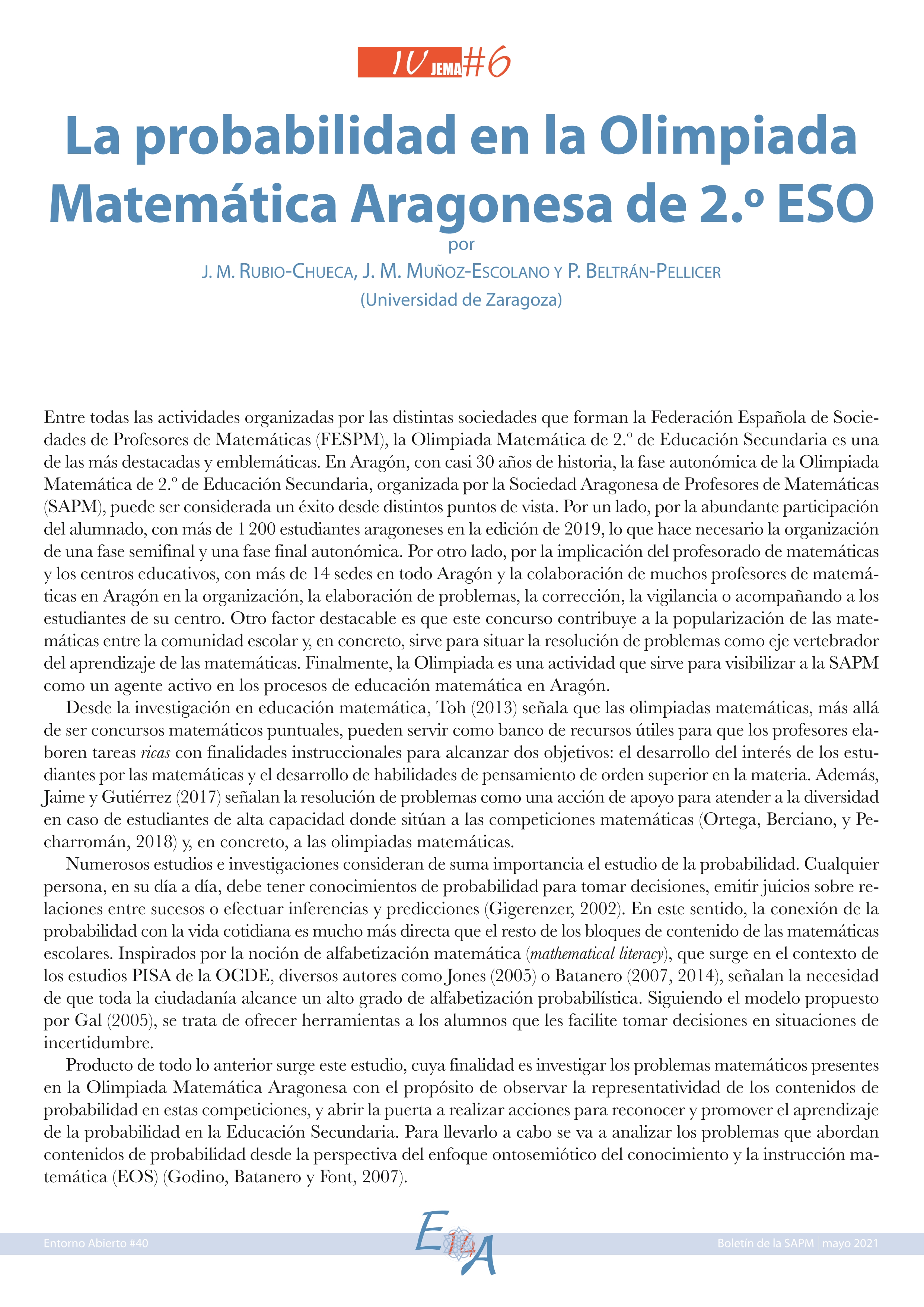 La probabilidad en la Olimpiada Matemática Aragonesa de 2.º ESO