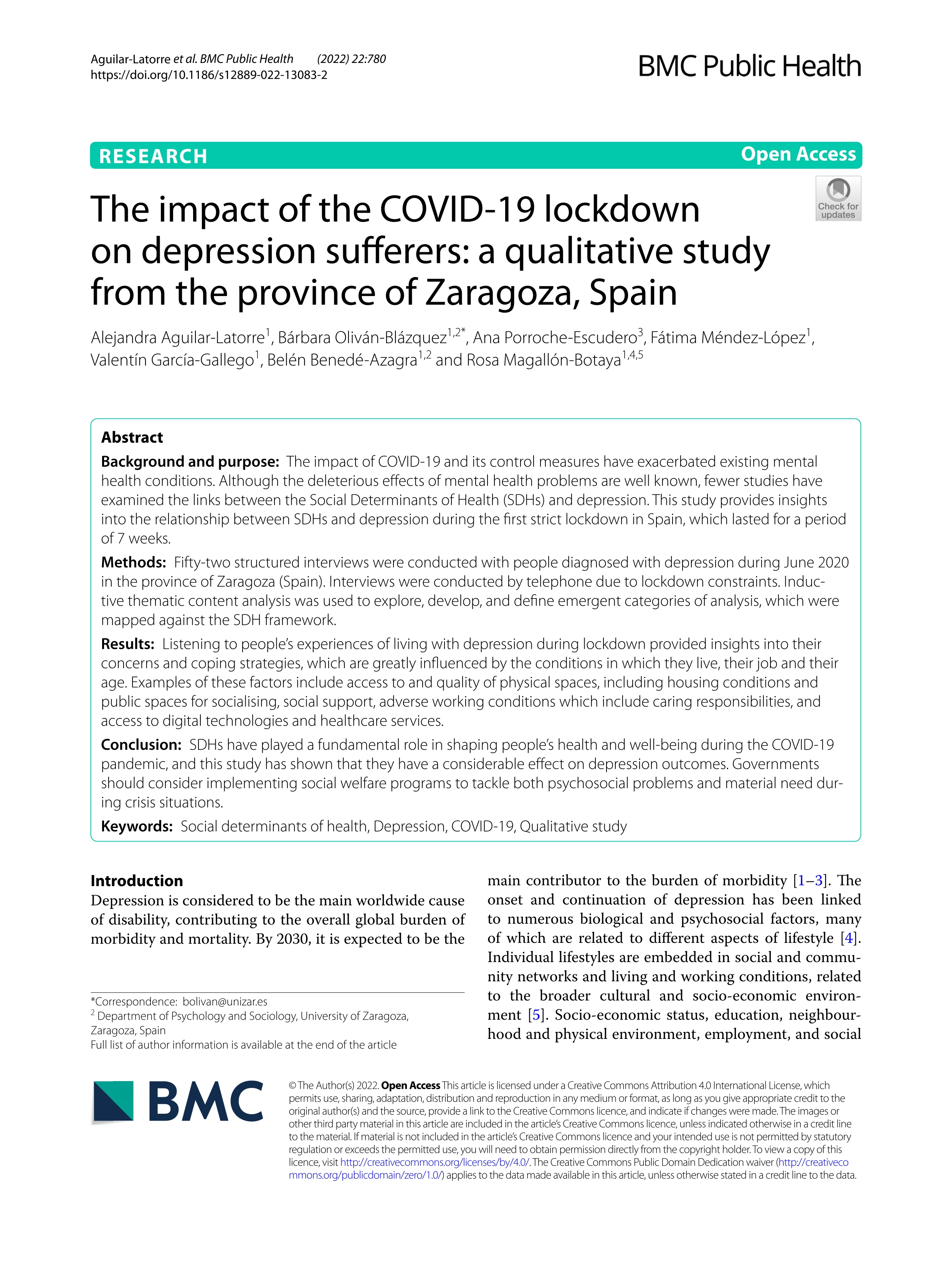 The impact of the COVID-19 lockdown on depression sufferers: a qualitative study from the province of Zaragoza, Spain