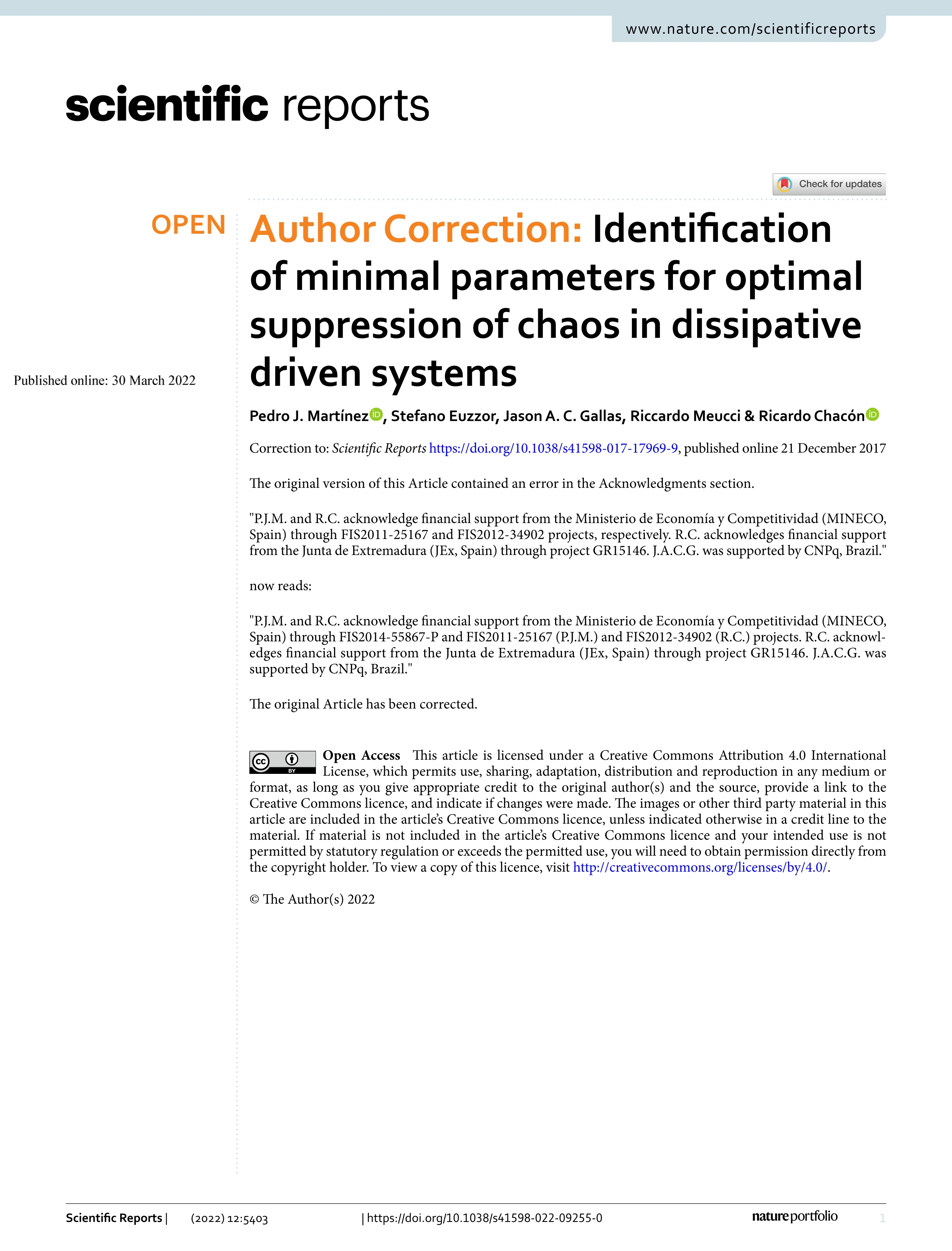 Author Correction: Identification of minimal parameters for optimal suppression of chaos in dissipative driven systems