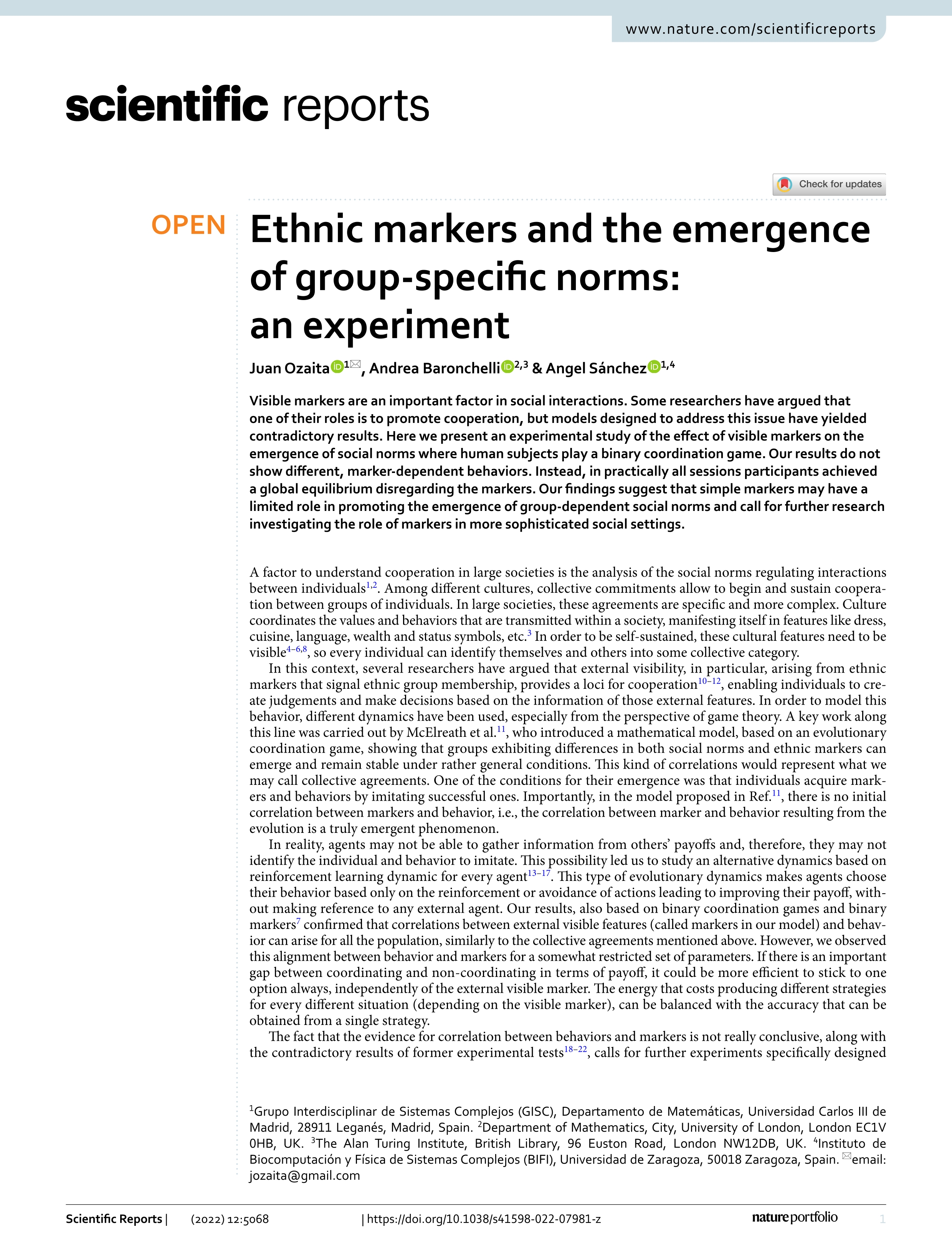 Ethnic markers and the emergence of group-specific norms: an experiment