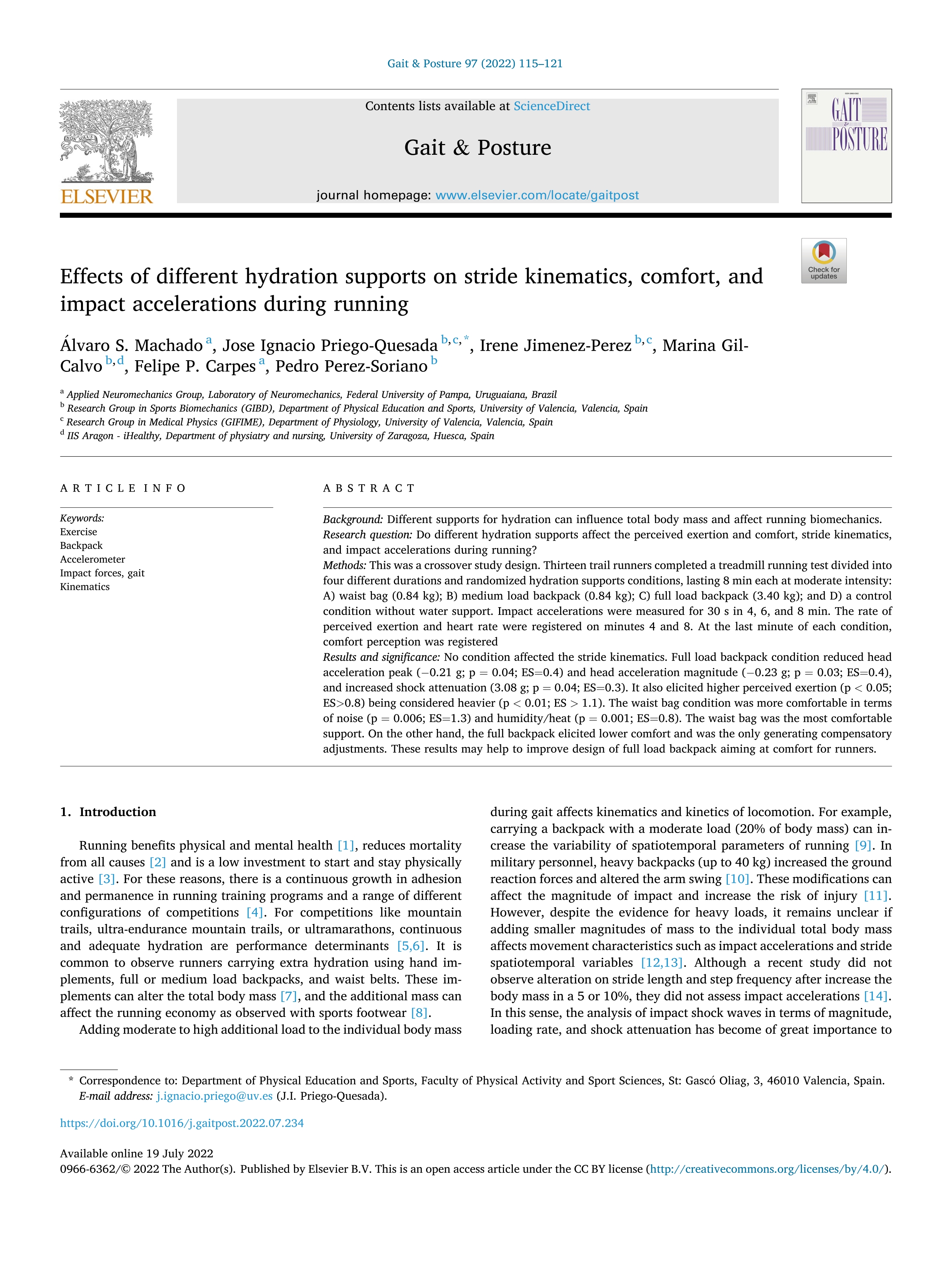 Effects of different hydration supports on stride kinematics, comfort, and impact accelerations during running