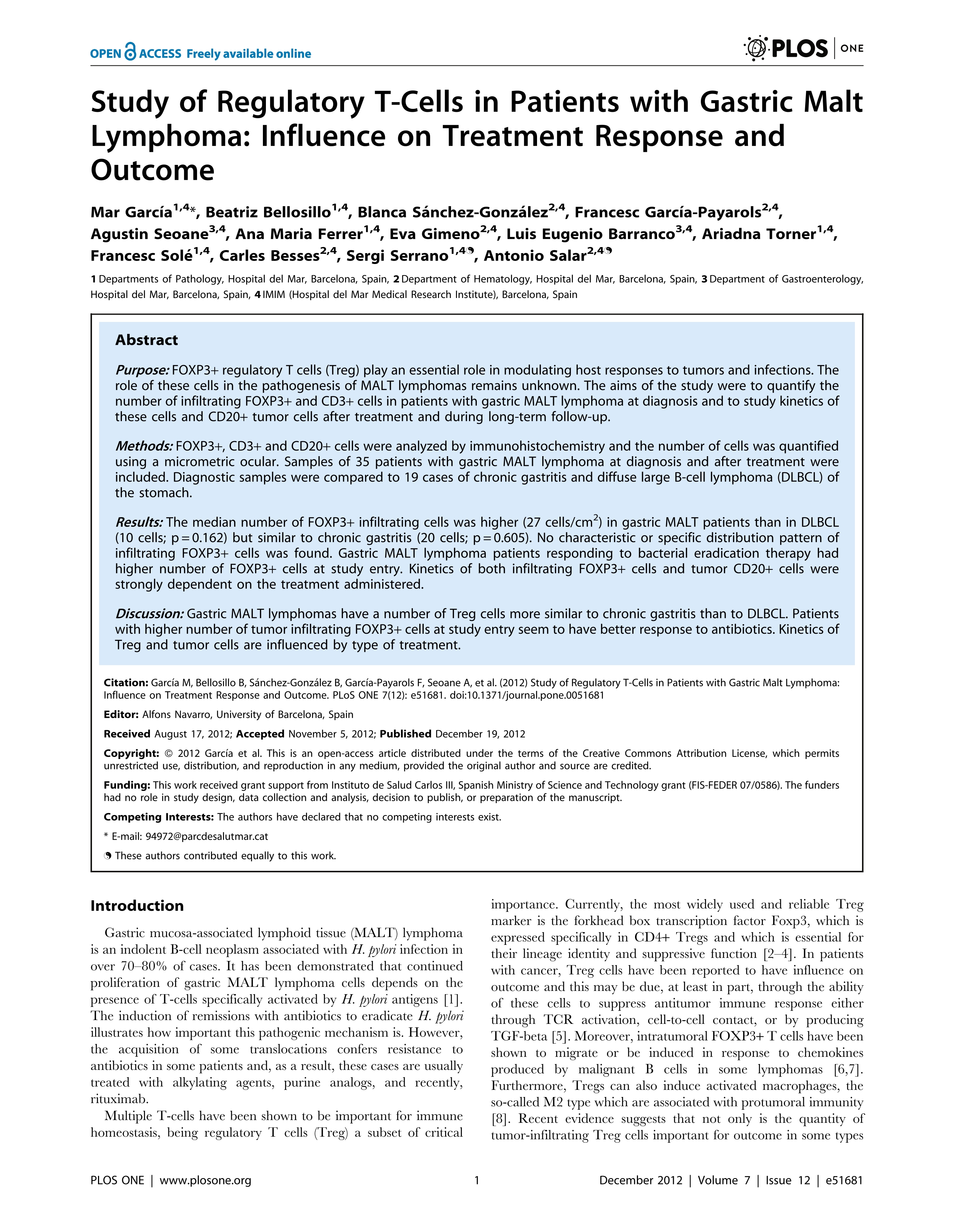 Study of Regulatory T-Cells in Patients with Gastric Malt Lymphoma: Influence on Treatment Response and Outcome