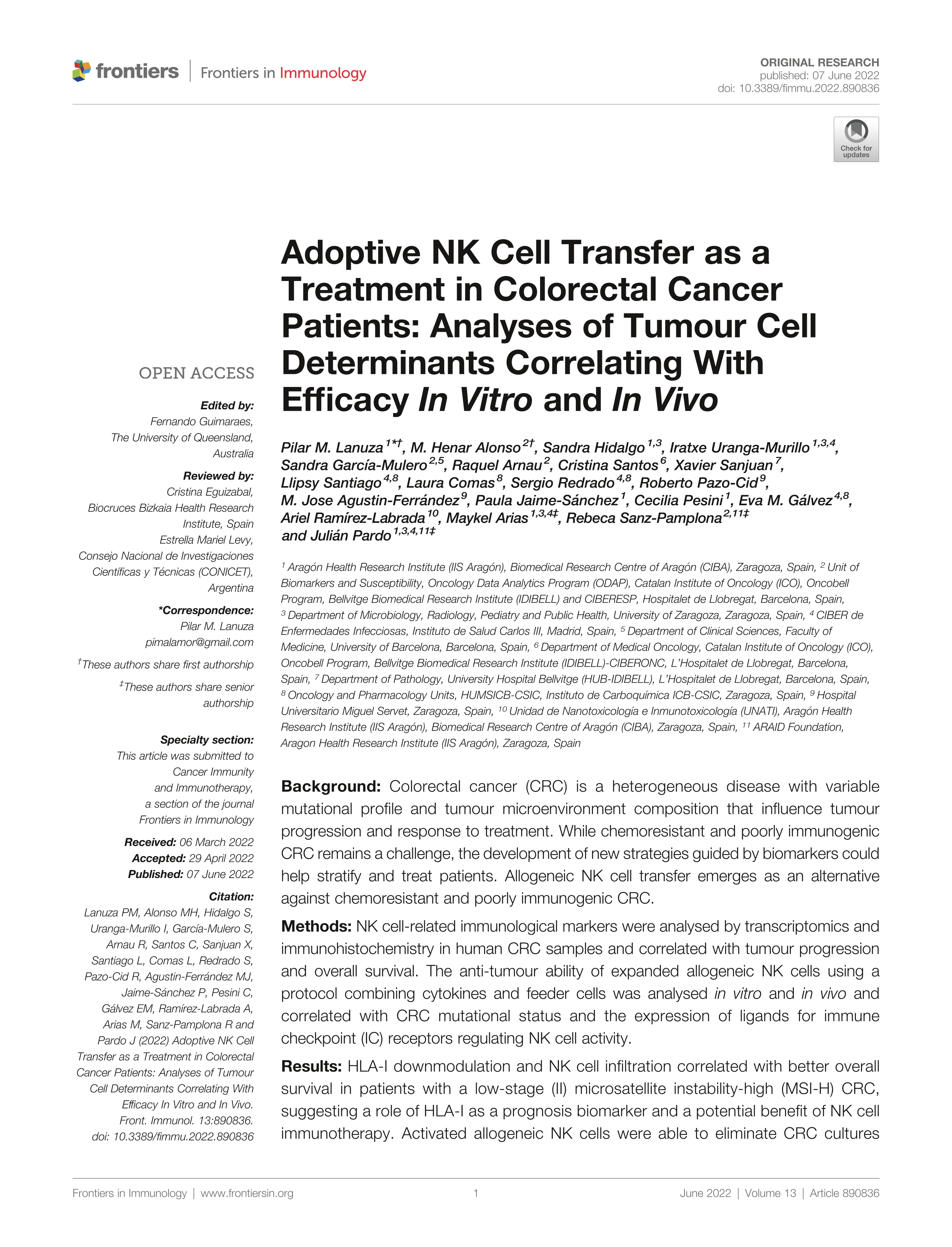Adoptive NK Cell Transfer as a Treatment in Colorectal Cancer Patients: Analyses of Tumour Cell Determinants Correlating With Efficacy In Vitro and In Vivo
