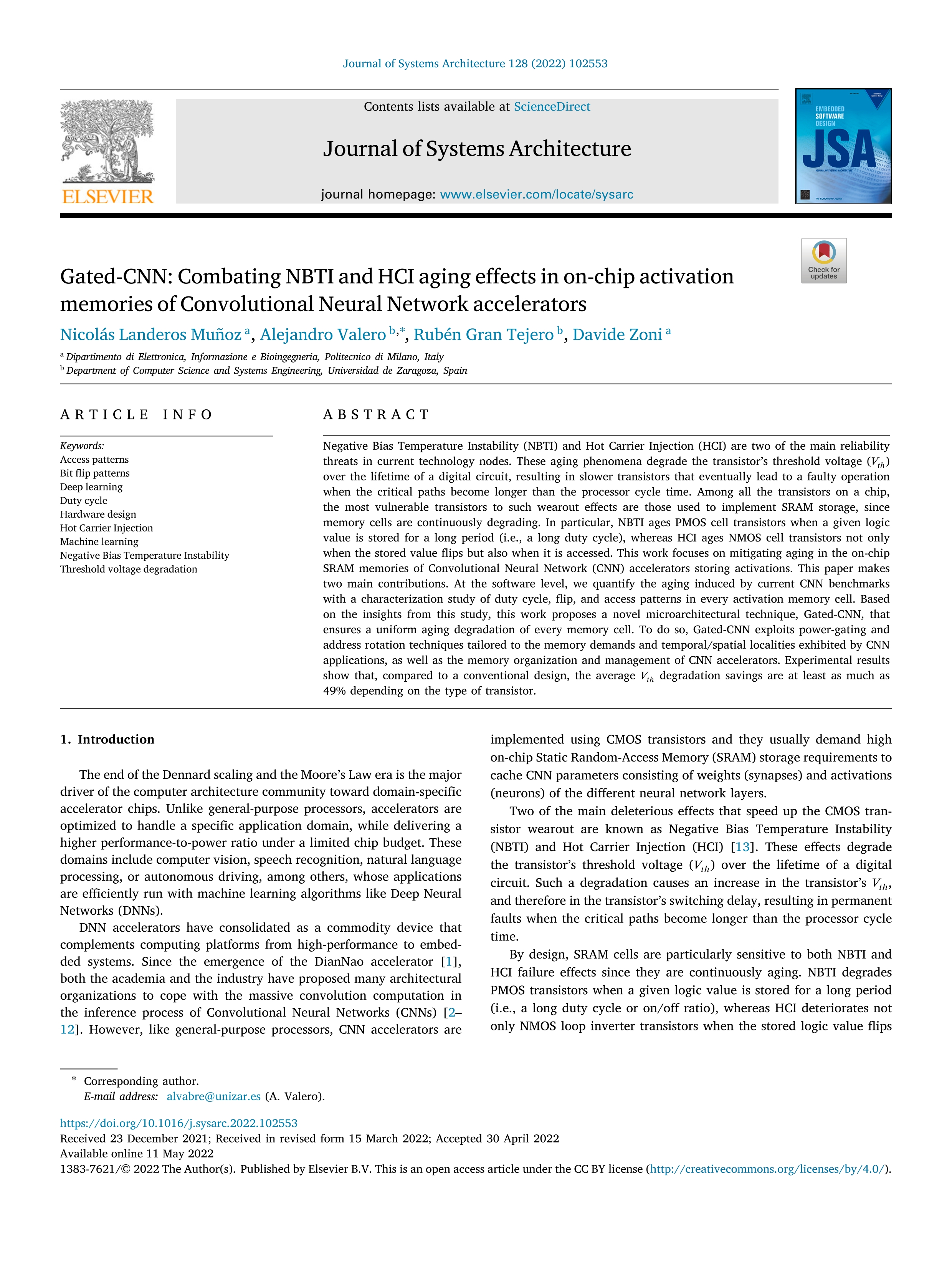 Gated-CNN: Combating NBTI and HCI aging effects in on-chip activation memories of Convolutional Neural Network accelerators