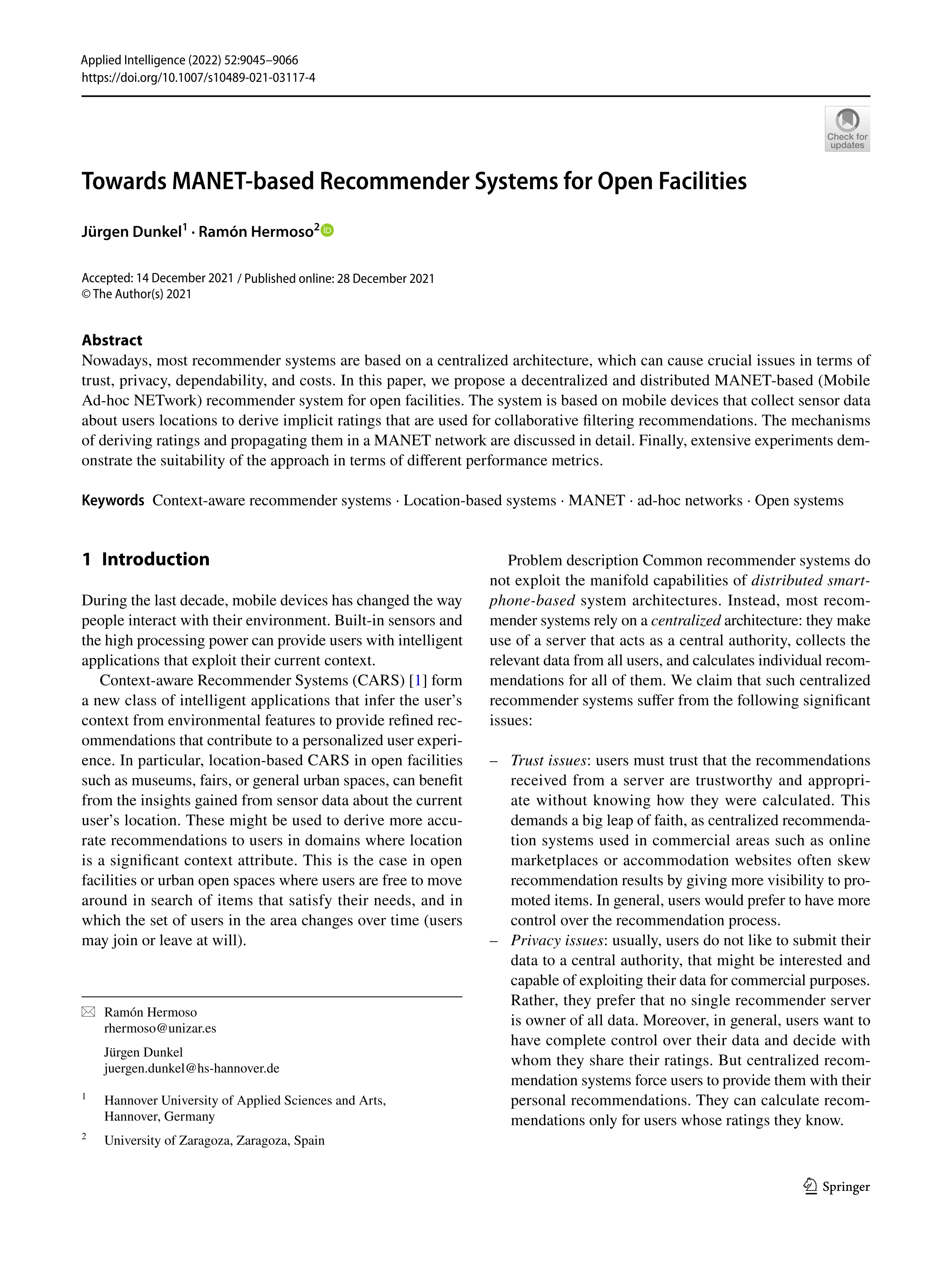 Towards MANET-based recommender systems for open facilities